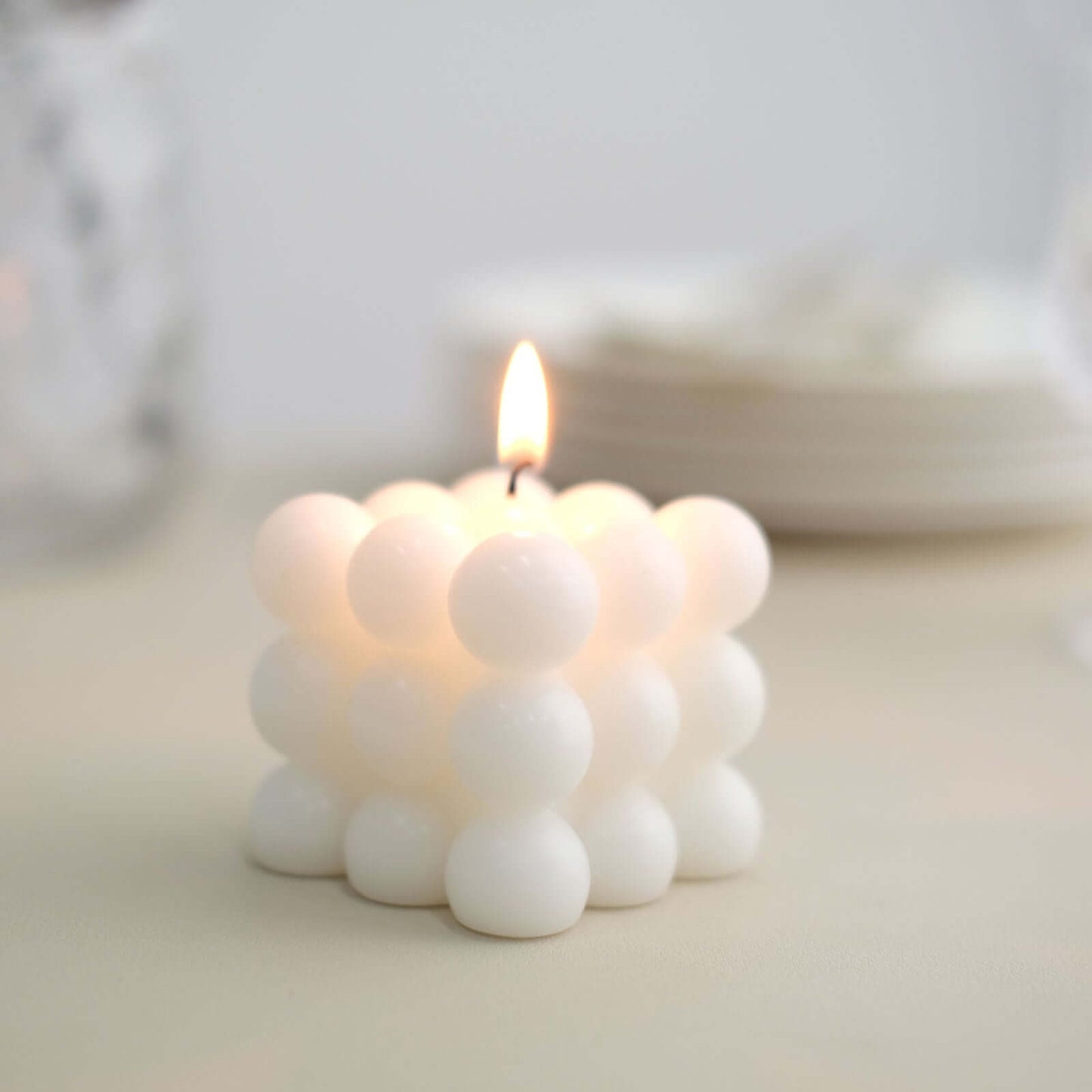 2-Pack Decorative Paraffin Wax Candles Bubble Cube Design White - Unscented Long Burning Pillar Candle Set 2"
