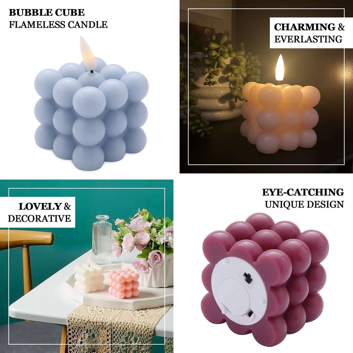 2-Pack LED Flameless Cube Candles Flickering Warm White Dusty Blue - Battery Operated Bubble Design 2"