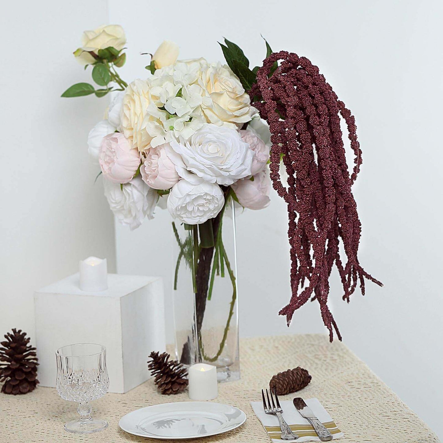 2 Pack Burgundy Artificial Amaranthus Flower Stem Spray and Ivy Leaves 32"
