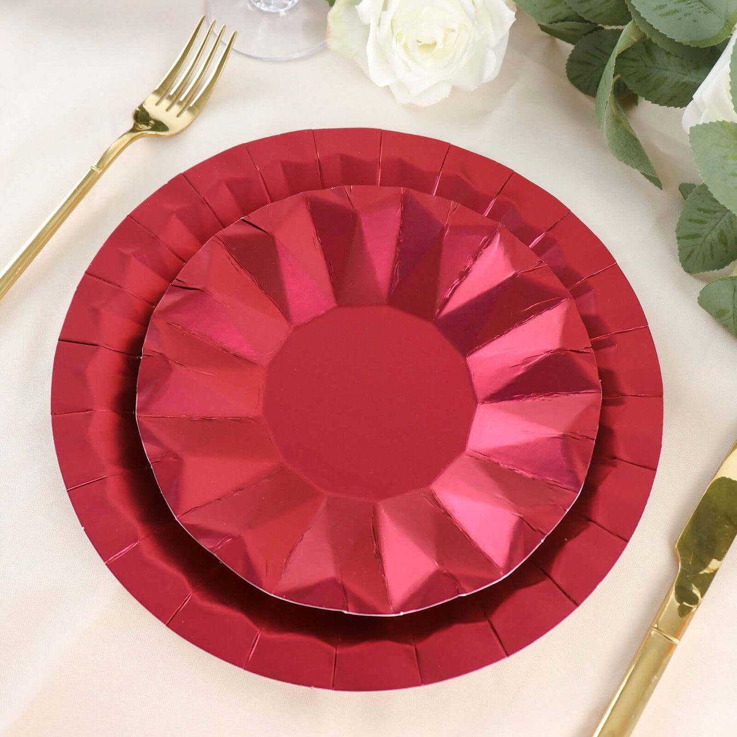 25-Pack Paper 7" Round Dessert Plates in Burgundy with Geometric Prism Rim - Disposable 400GSM Appetizer Salad Plates