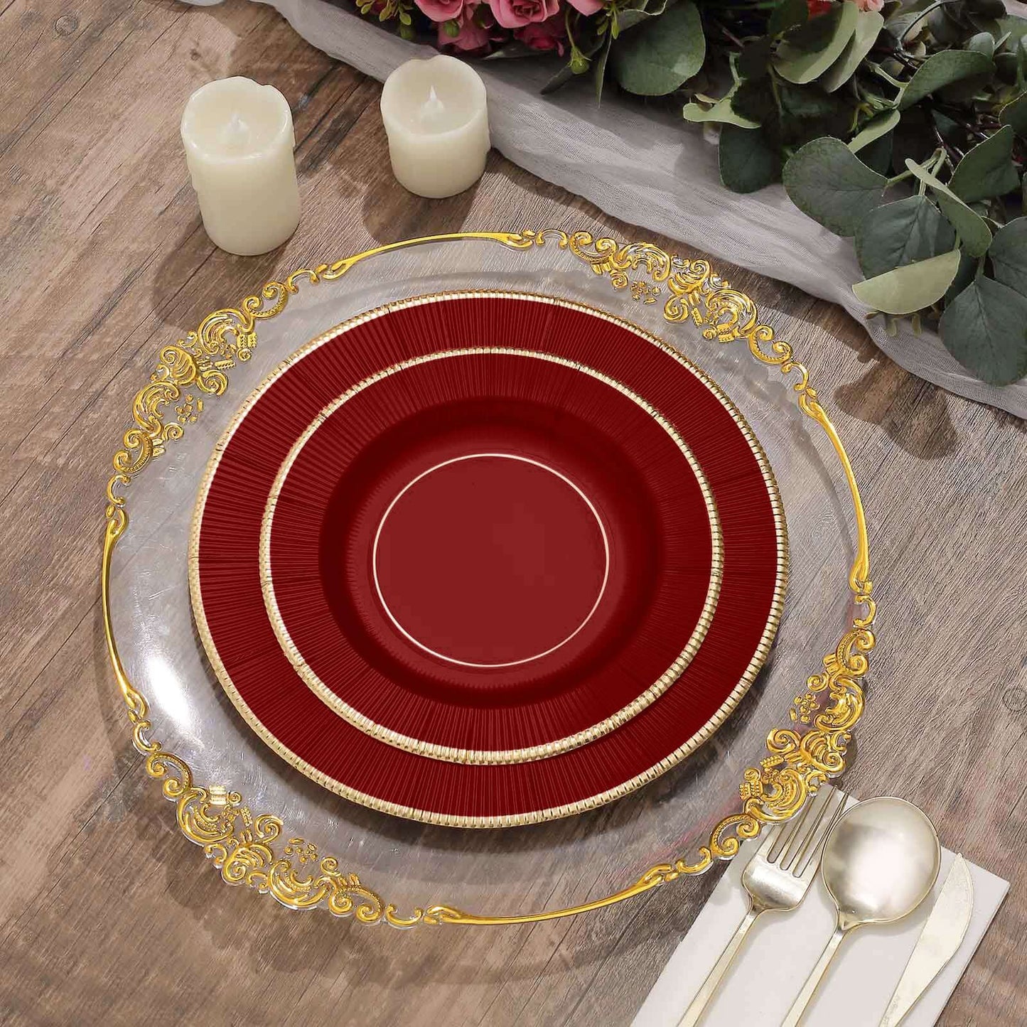 25-Pack Paper 8" Round Dessert Plates in Burgundy Sunray Design with Gold Rim - Disposable Heavy Duty 350GSM Appetizer Salad Plates