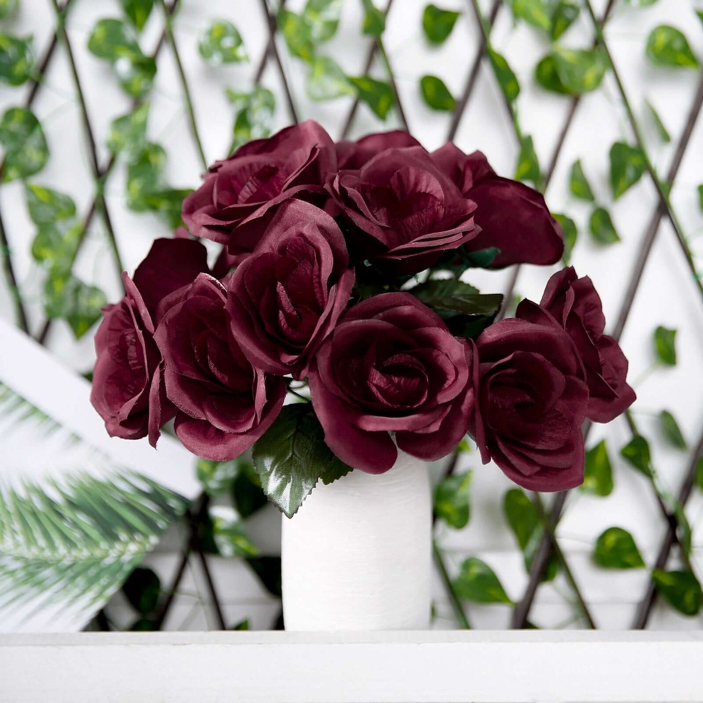12" Burgundy Artificial Velvet-Like Fabric Rose Flower Bouquet Bush