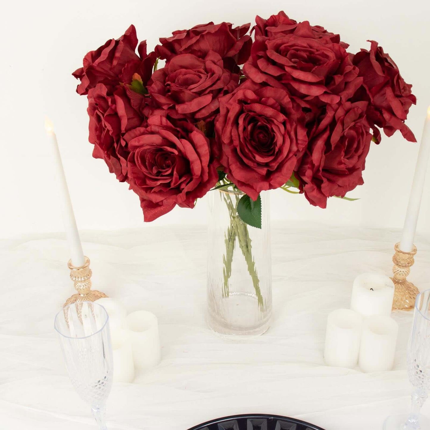 2 Bushes 17" Burgundy Premium Silk Jumbo Rose Flower Bouquet, High Quality Artificial Wedding Floral Arrangements