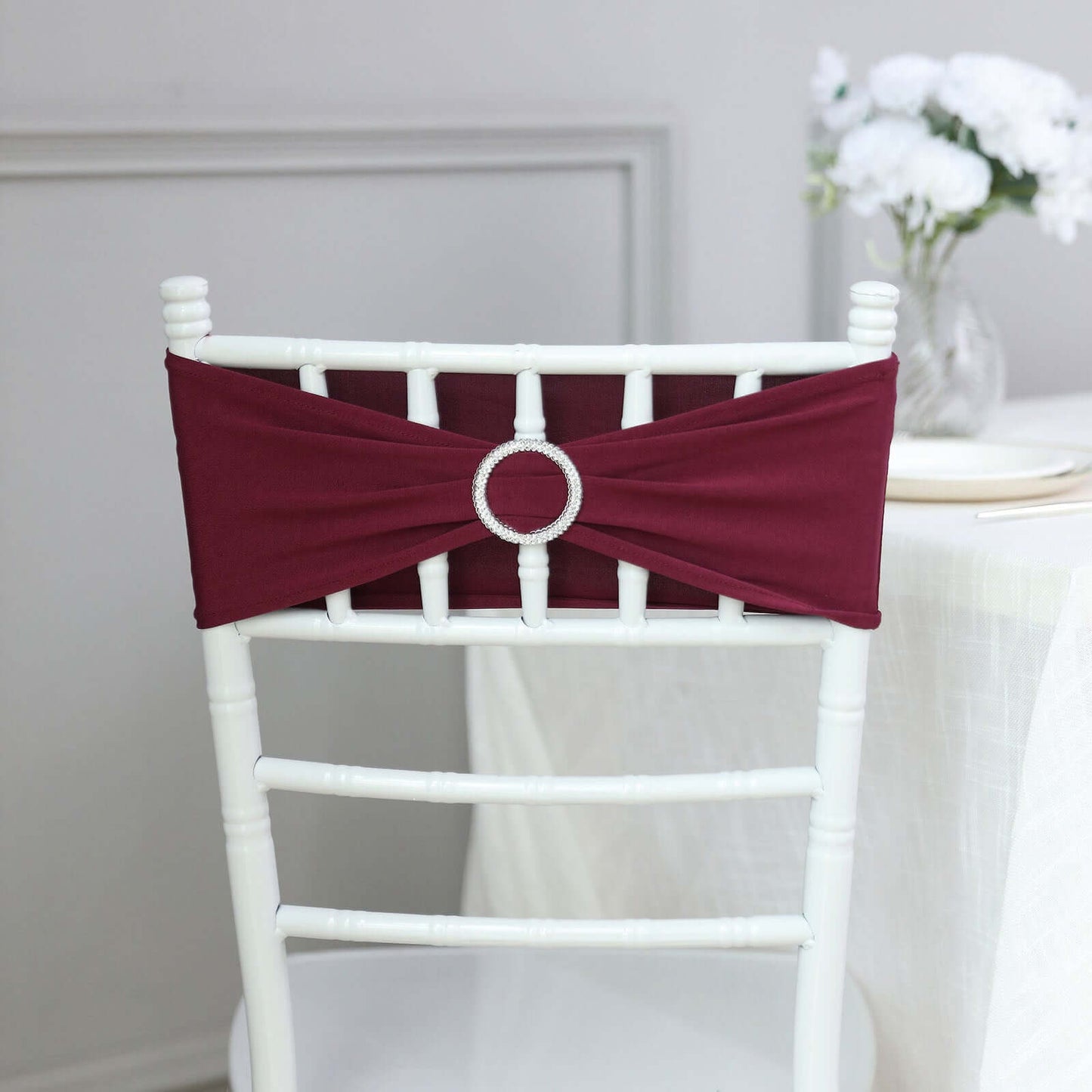 5 Pack Stretch Spandex Chair Sashes Burgundy - Reusable Chair Bands with Silver Diamond Ring Slide Buckle 5"x14"