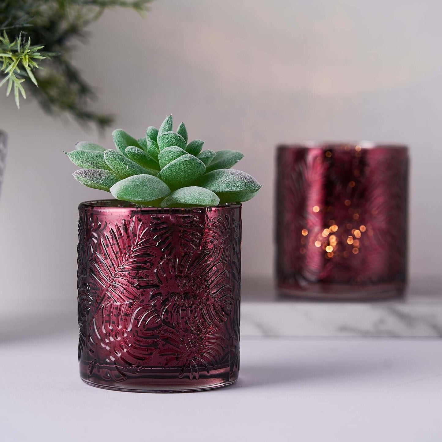 6-Pack Mercury Glass Candle Holders Burgundy Palm Leaf Design - Votive Tealight Holders for Events
