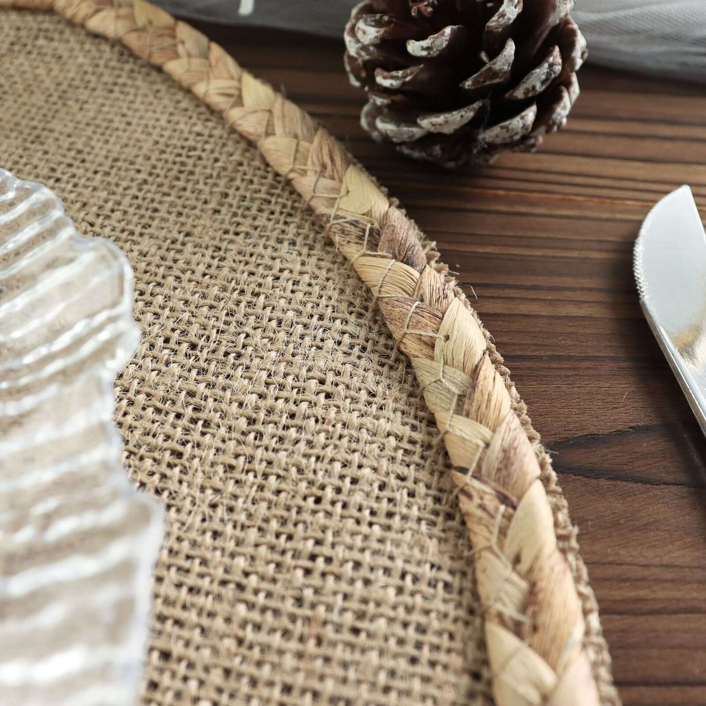 4-Pack Placemats Braided Edge Design Natural Burlap Jute Round - Rustic Farmhouse Style with Trim 15"
