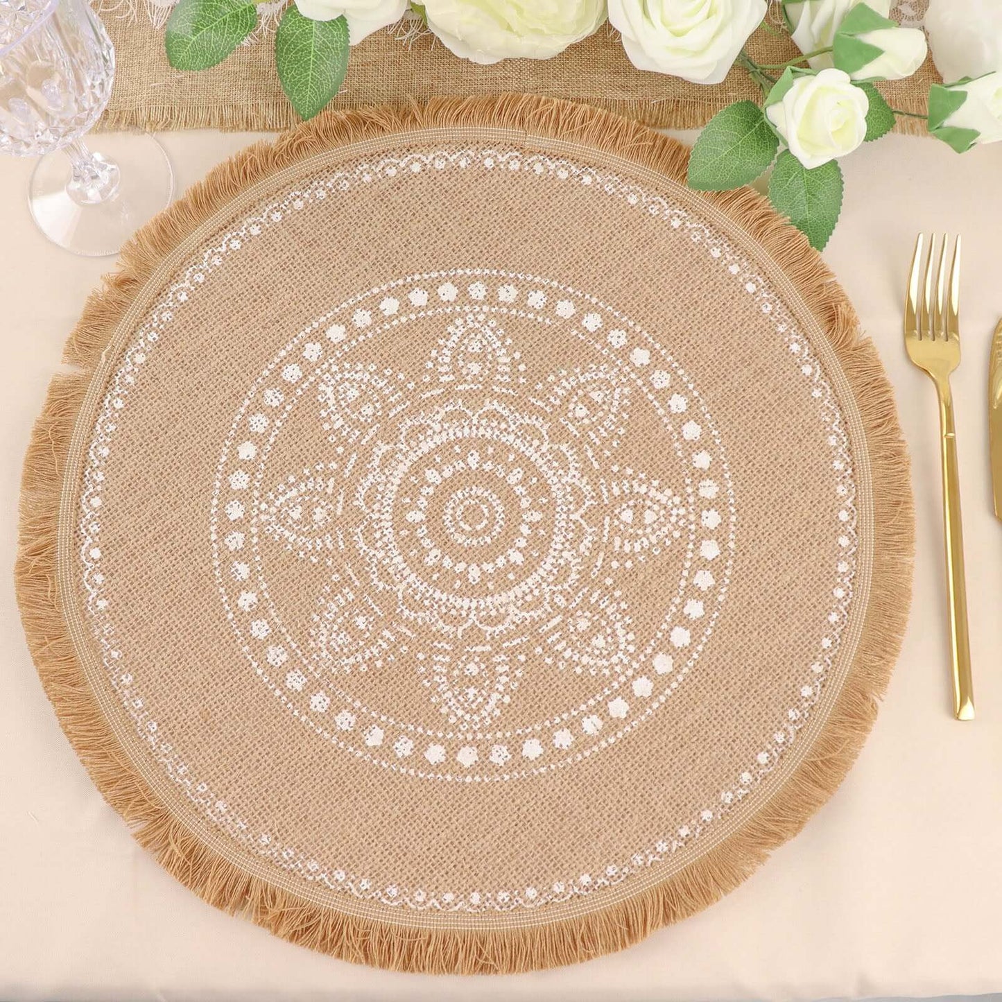 4-Pack Placemats White Embroidery Print Design Natural Jute Fringe Round - Rustic Burlap Woven Style 15"