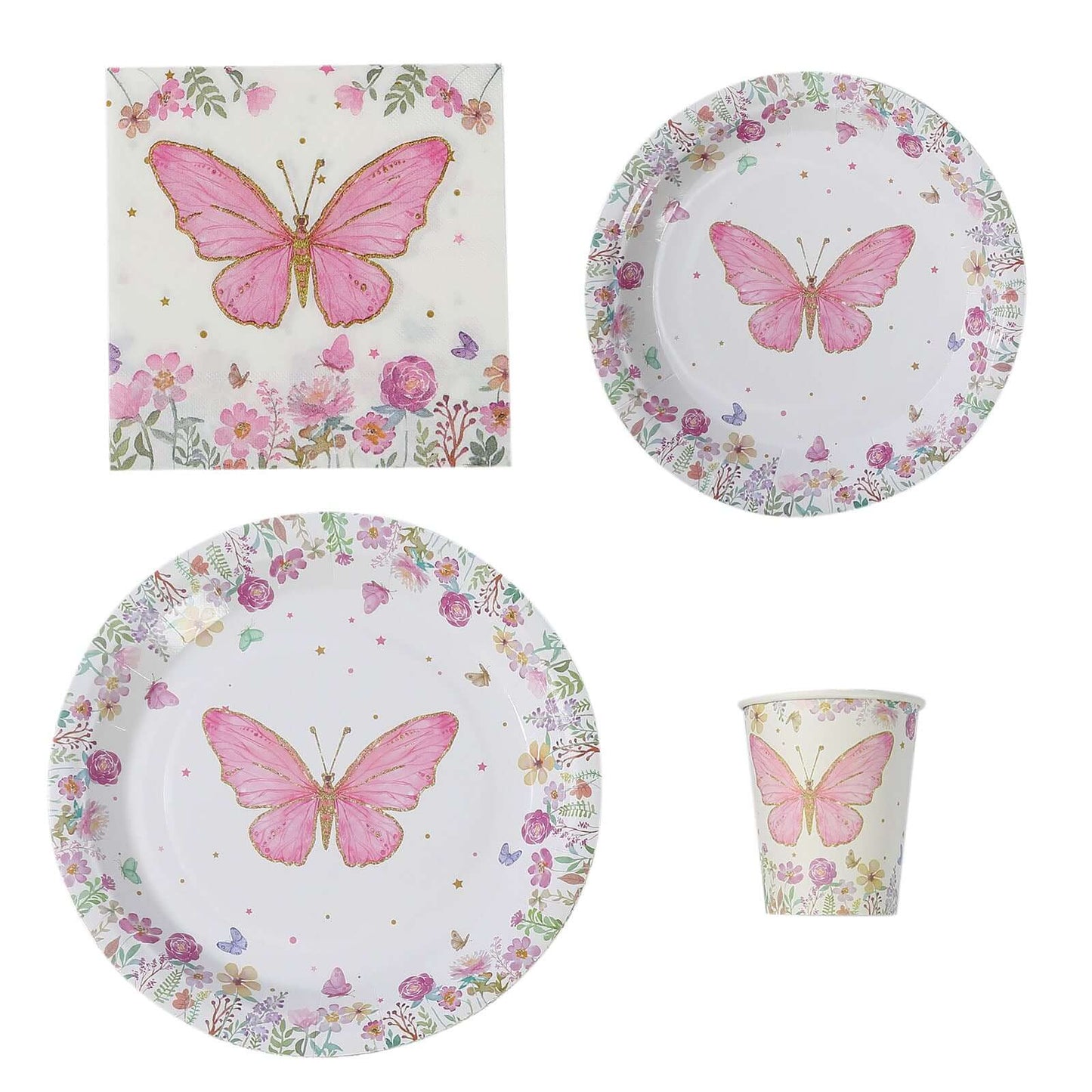 96 Pcs Paper Dinnerware Set with Butterfly Print White/Pink - Disposable Tableware Set with Plates, Cups, and Napkins
