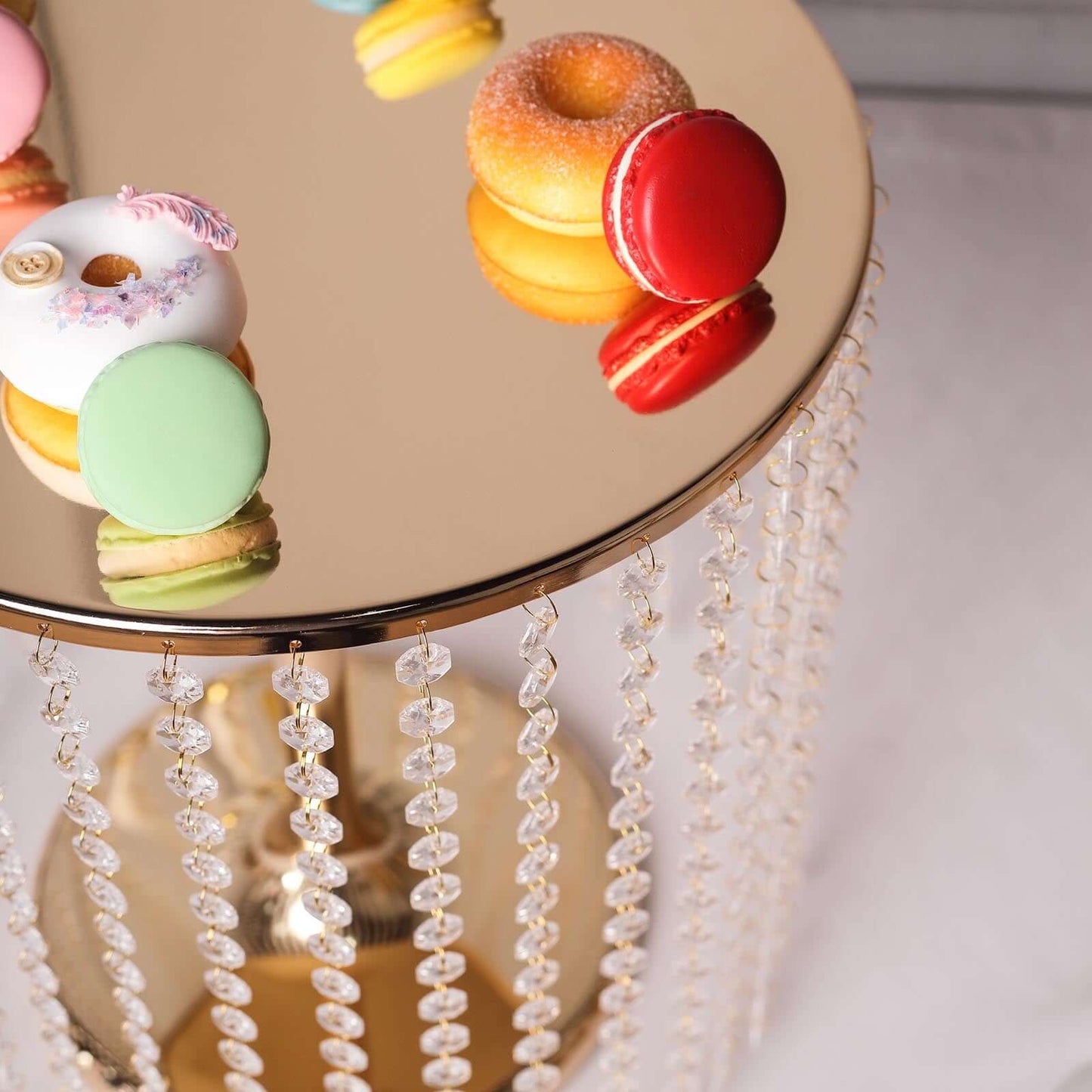 Metal Cake Stand Round Design Metallic Gold with Crystal Chains 14" Dia - Cupcake Dessert Pedestal 16"Tall