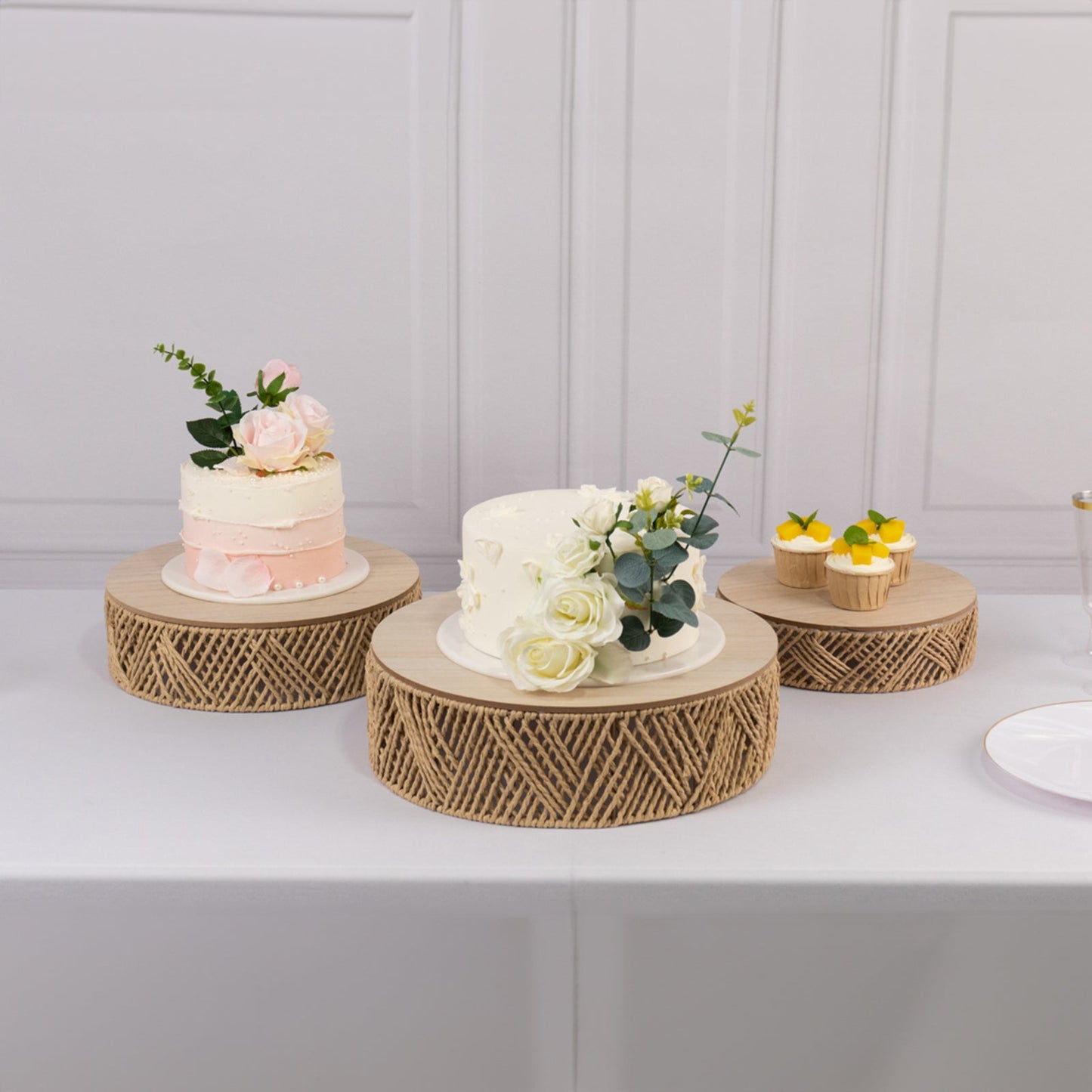 Set of 3 Pedestal Cake Stands Jute Rattan with Wooden Top Plates Natural - Stackable Round Rustic Farmhouse Design 10", 12", 14"
