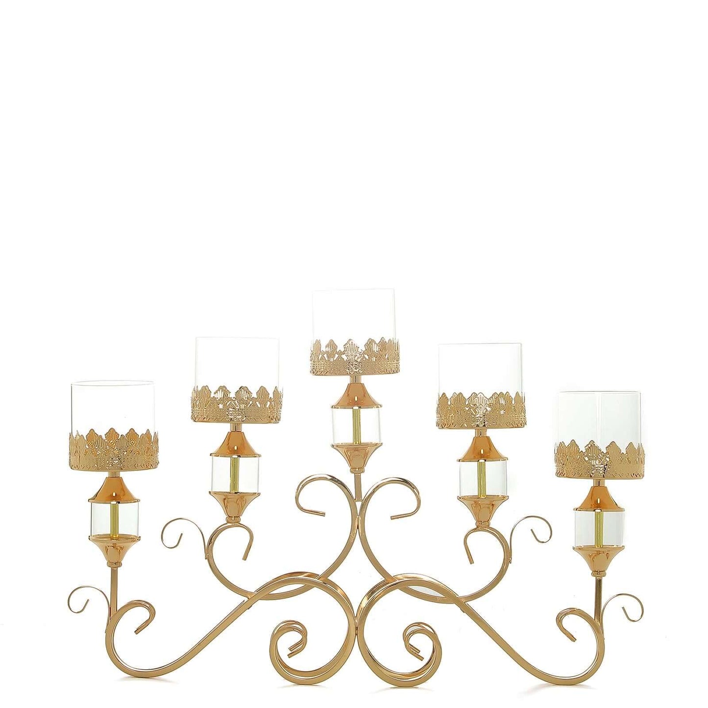 5-Arm Metal Table Candelabra Antique Gold Crown Top Design - Stylish Horizontal Table Centerpiece with Glass Votive Holders 18"