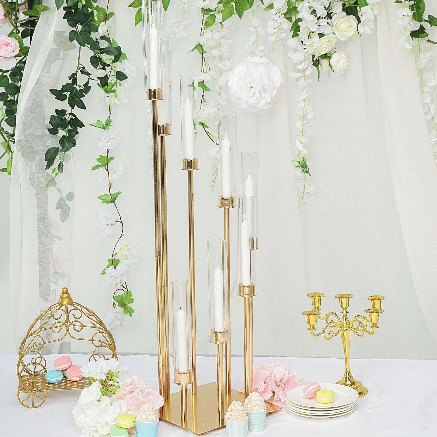 8 Arm Cluster Taper Candle Holder Gold - Stunning Large Candle Arrangement With Clear Glass Shades for Grand Banquets & Celebrations 42"