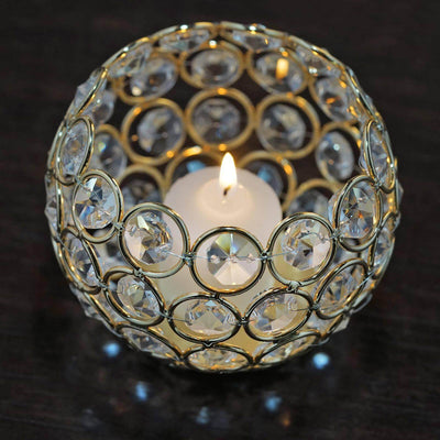 Crystal Beaded Metal Votive Tealight Holder Round Gold - Chic Multipurpose Table Vase for Events 4"