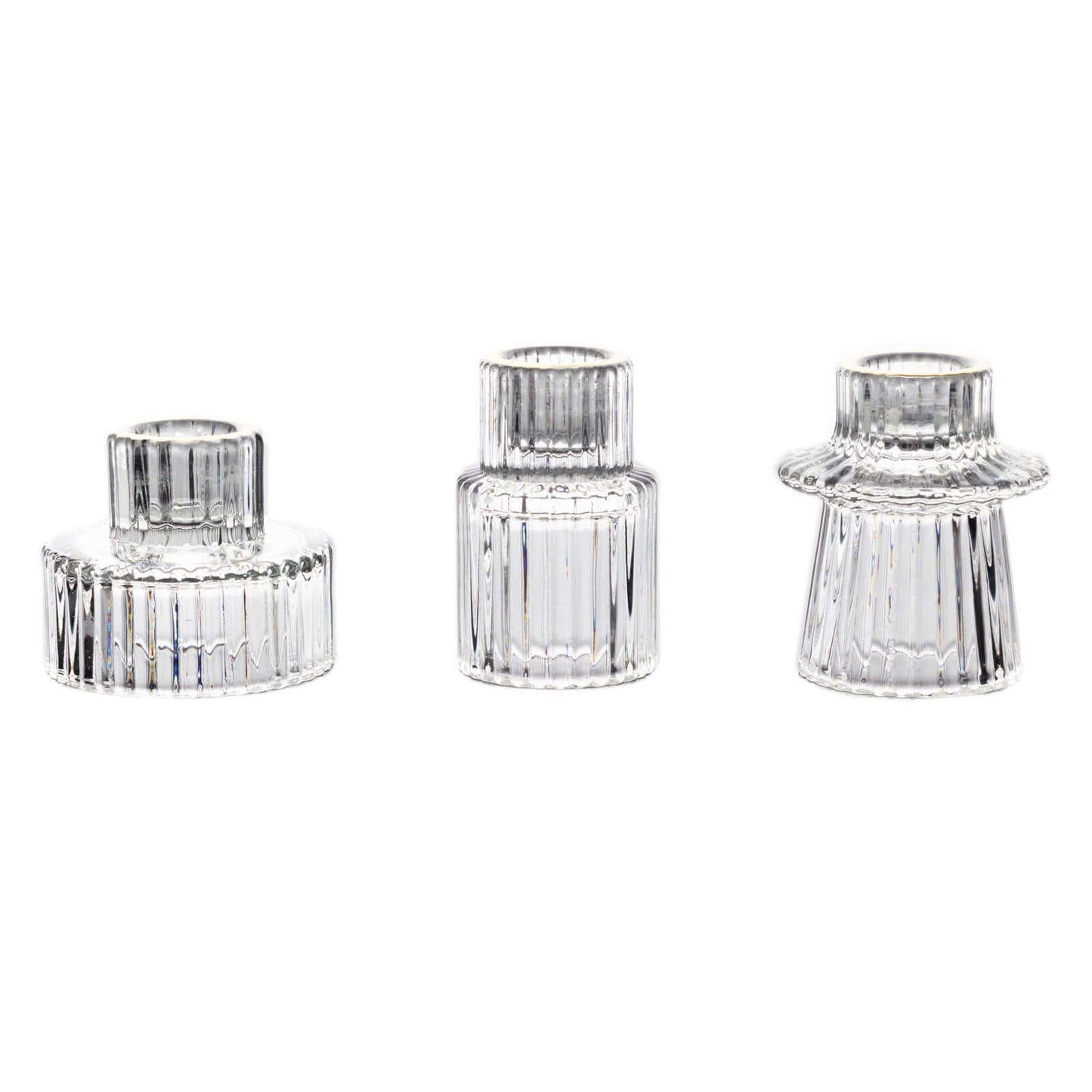 Set of 6 Glass Taper Candle Holders Ribbed Crystal Design with Gold Rim Clear - Reversible Mini Votive Tealight Stands 3"