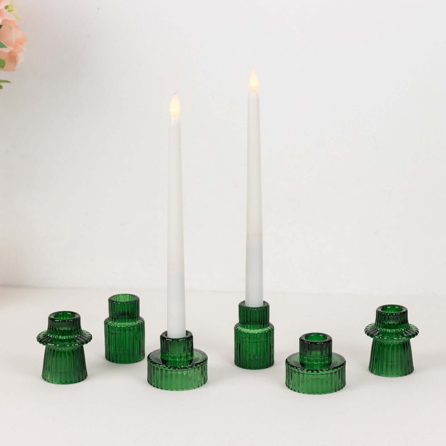Set of 6 Glass Taper Candle Holders Ribbed Crystal Design Hunter Emerald Green - Reversible Mini Votive Tealight Stands 3"