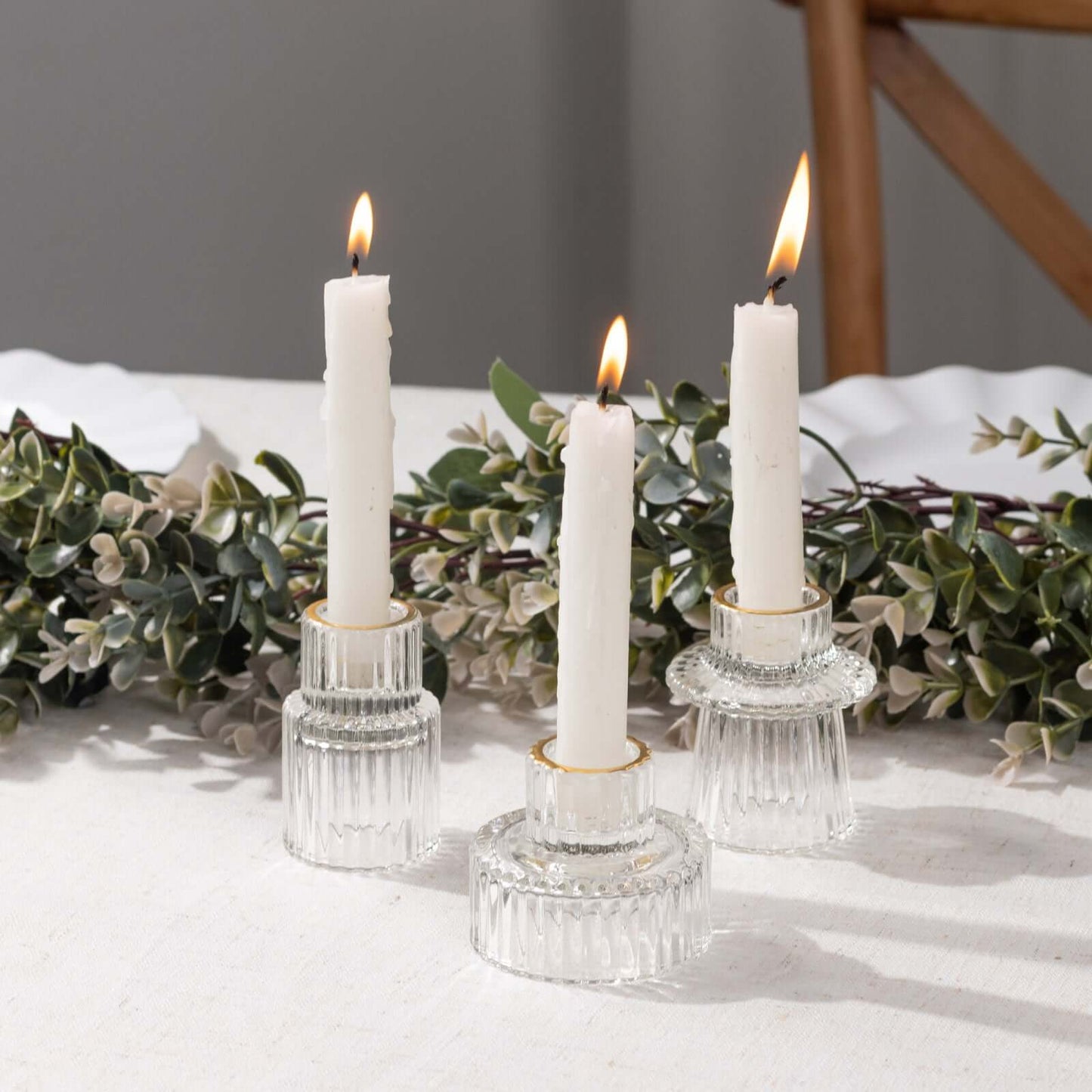 Set of 6 Glass Taper Candle Holders Ribbed Crystal Design with Gold Rim Clear - Reversible Mini Votive Tealight Stands 3"