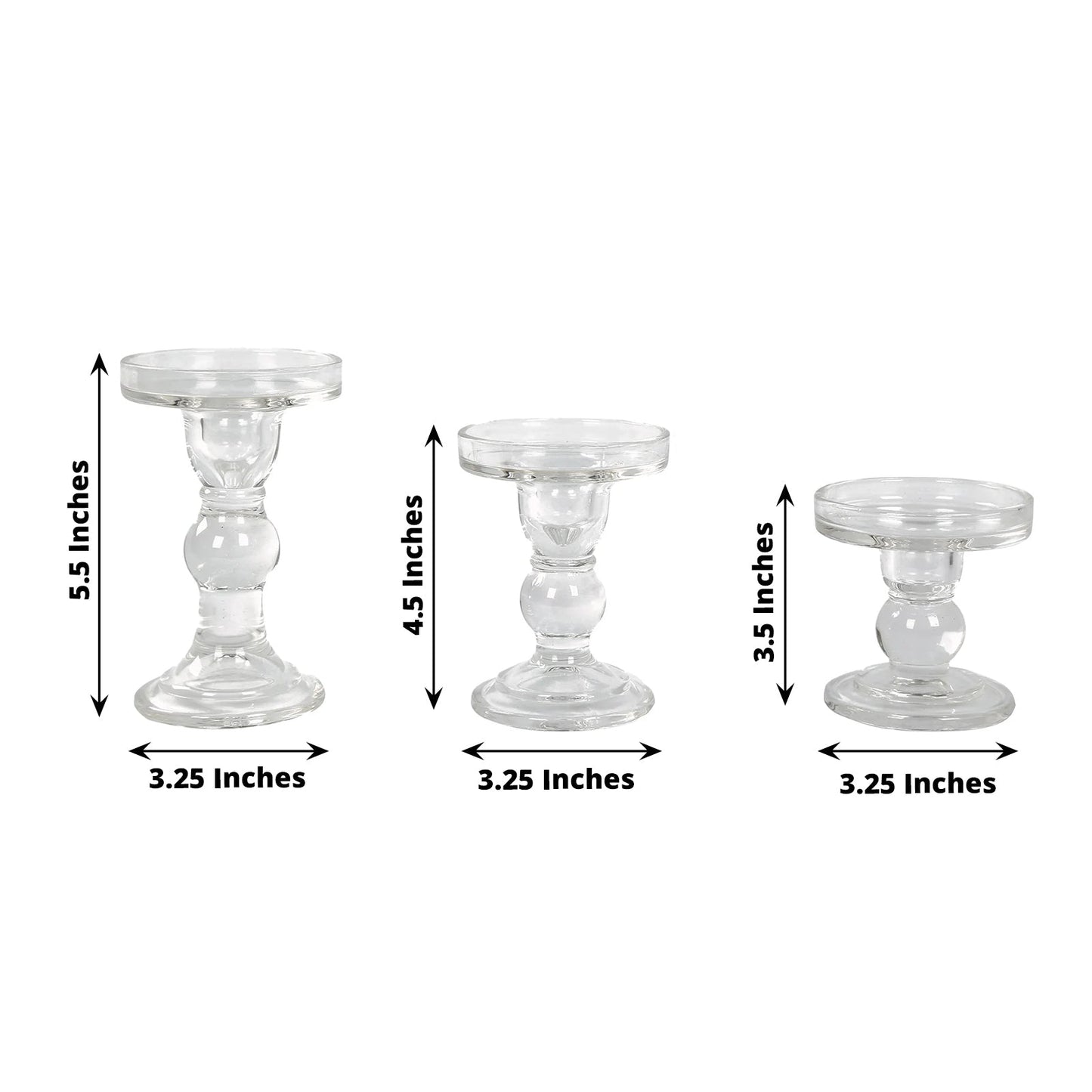 Set of 3 Glass Pillar Candle Holders Clear with Round Tray - Crystal Ball Stem Taper Candlestick Tea Light Stands 3.5", 4.5", 5.5"