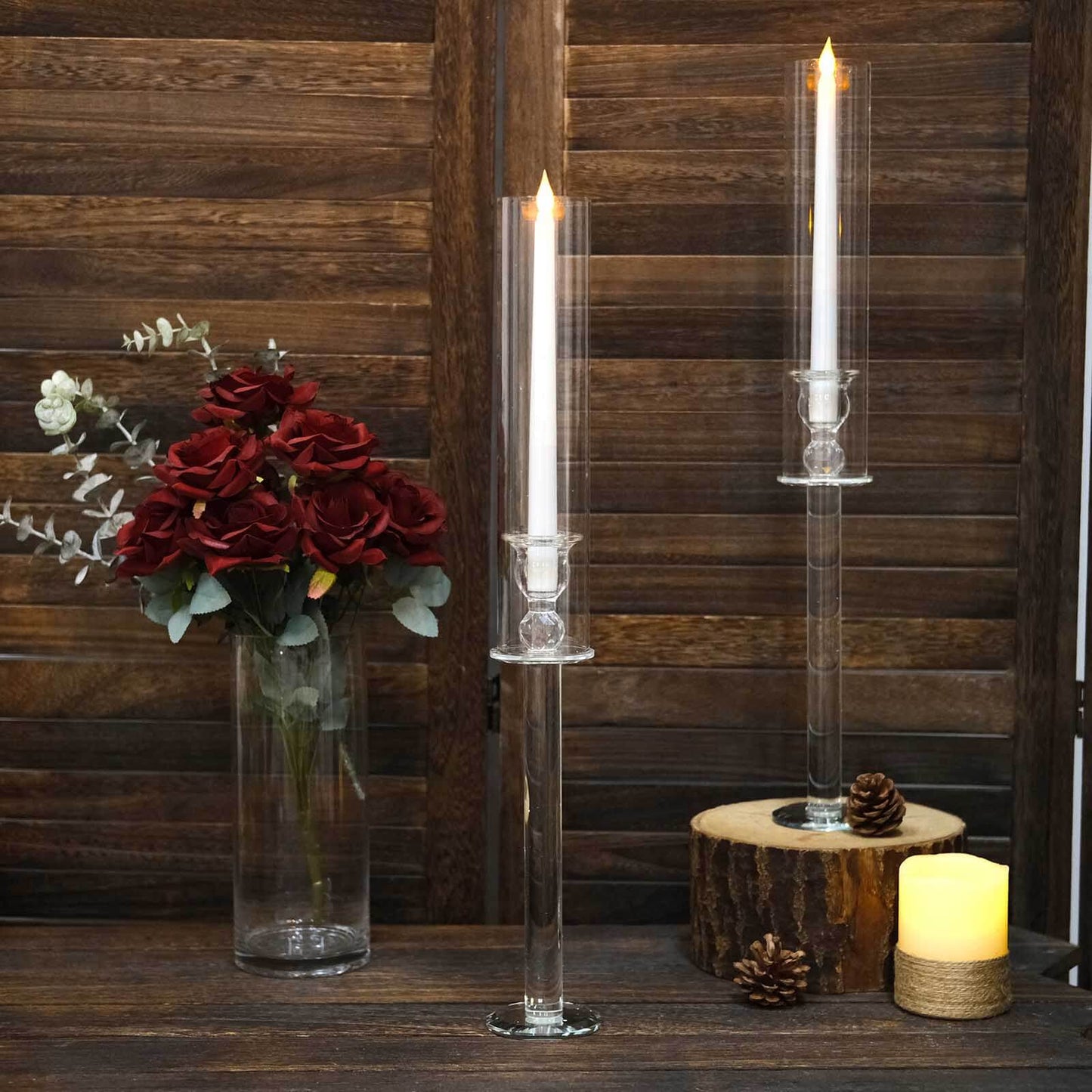 2-Pack Crystal Glass Hurricane Taper Candle Holders, Tall Decorative Candle Stands Clear Cylinder Chimney Tubes 22"