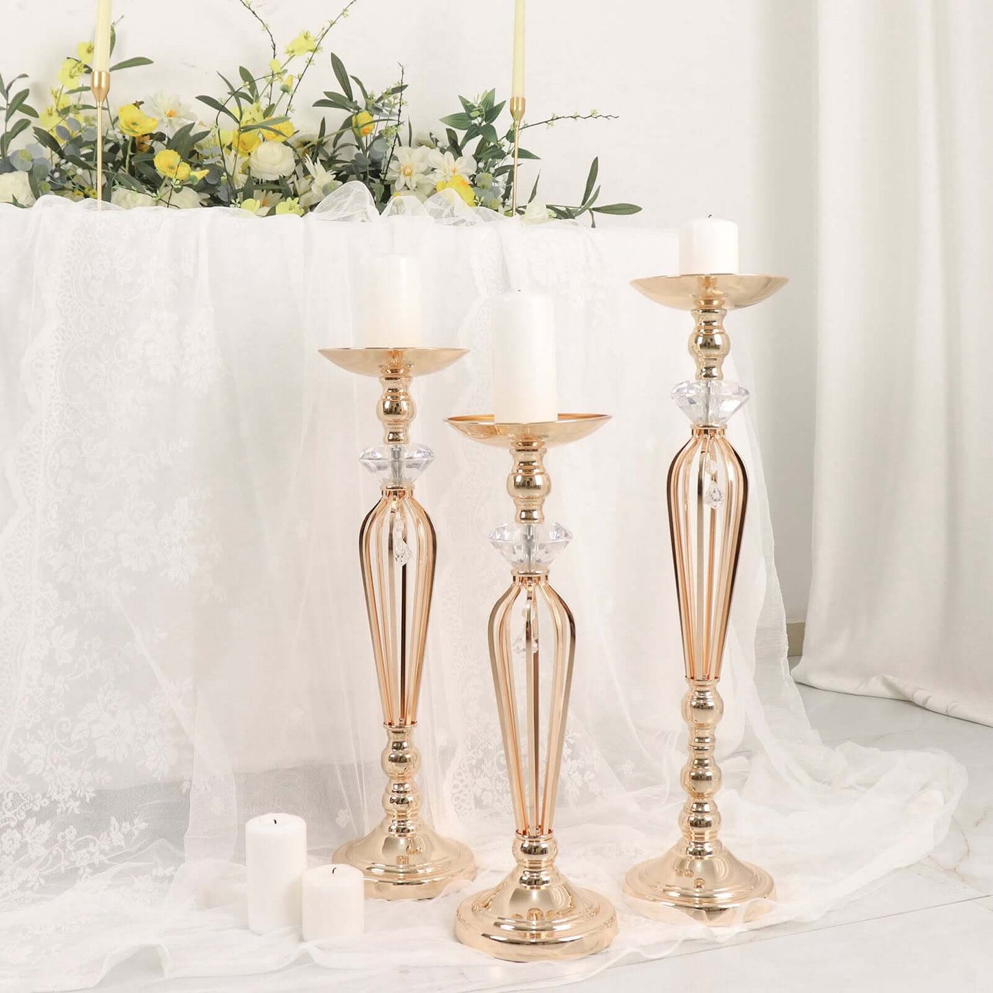 Set of 3 Metal Pedestal Stands with Crystal Ball Flower Bowl Design Gold - Pillar Candle Holders 20", 23", 25"