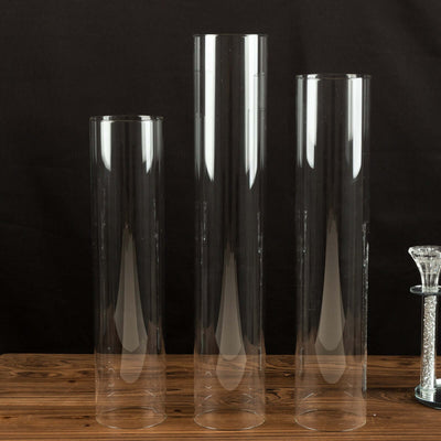 Set of 3 Clear Glass Hurricane Candle Sleeves 3.5" Wide - Chic Pillar Candle Shades Holder Table Centerpiece 15", 17", 19"