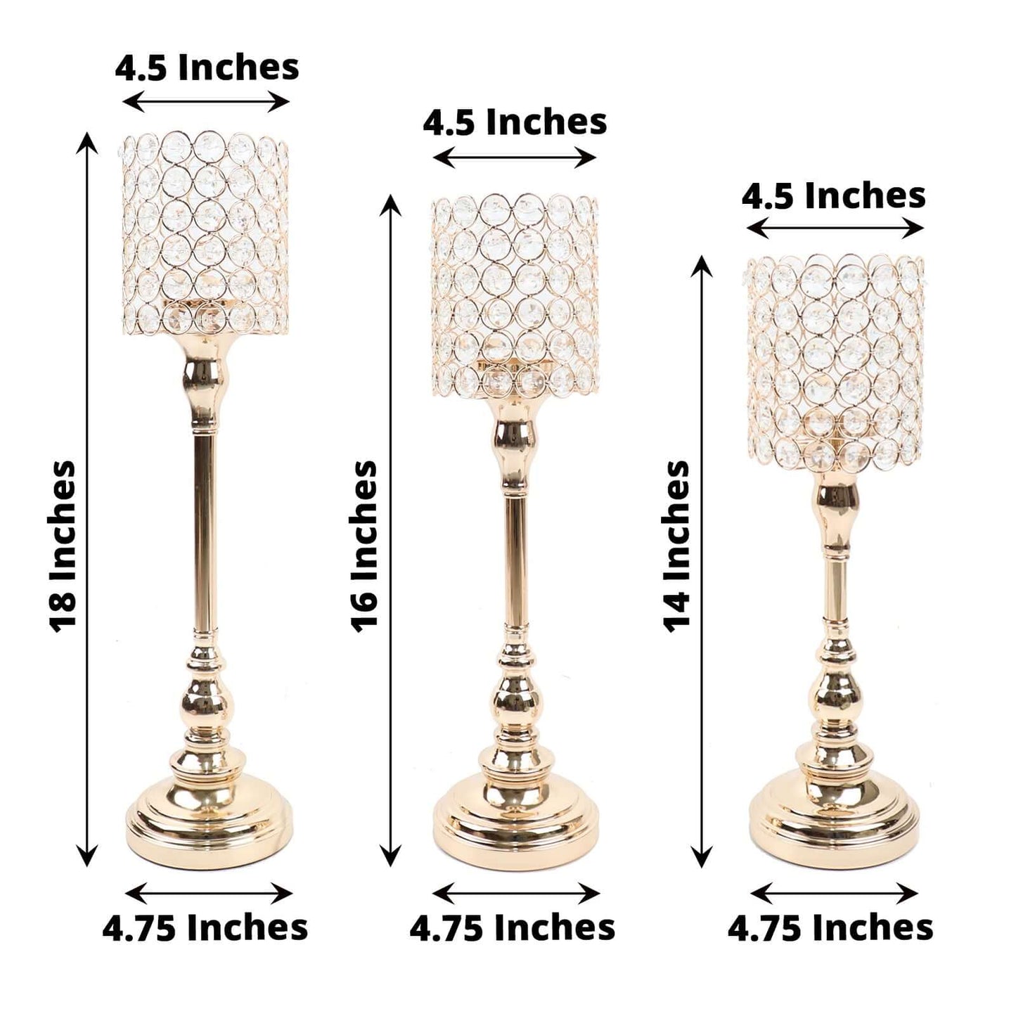 Set of 3 Crystal Beaded Goblet Votive Candle Holder Stands Gold - Tea Light Centerpiece 18", 16", 14"