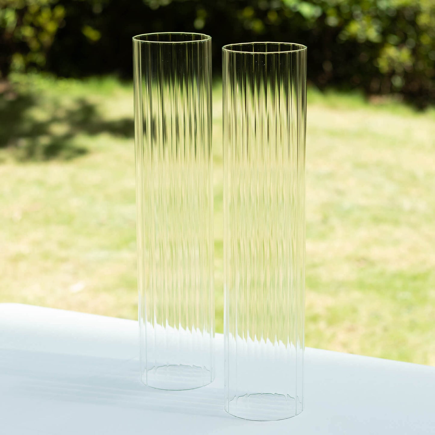 2-Pack Clear Ribbed Glass Hurricane Shades Open End Design - Stylish Candelabra Pillar Candle Holder Table Centerpiece 18"