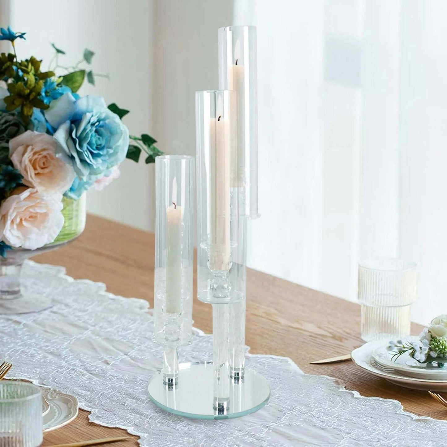 3-Arm Round Crystal Glass Candelabra Clear Taper Design - Sophisticated Pillar Candle Holder Table Centerpiece for Weddings 23"