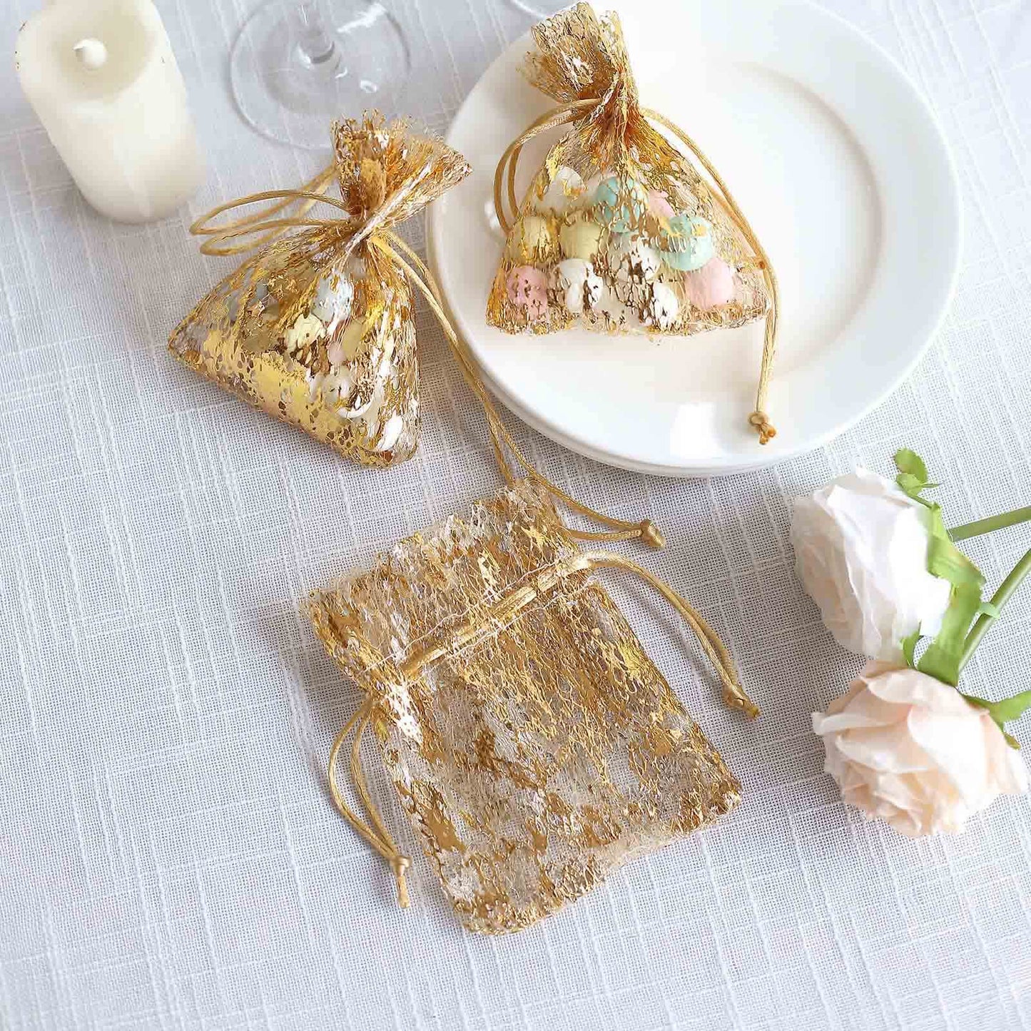 12 Pack Metallic Gold Foil Polyester Drawstring Candy Bags, Wedding Party Favor Bags - 4"x5"