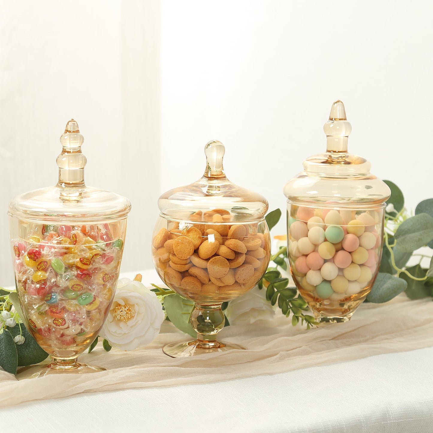 Set of 3 Glass Jars Apothecary Design Amber Gold and Snap-On Lids - Stylish Decorative Candy Buffet Storage 8.5", 9", 10"