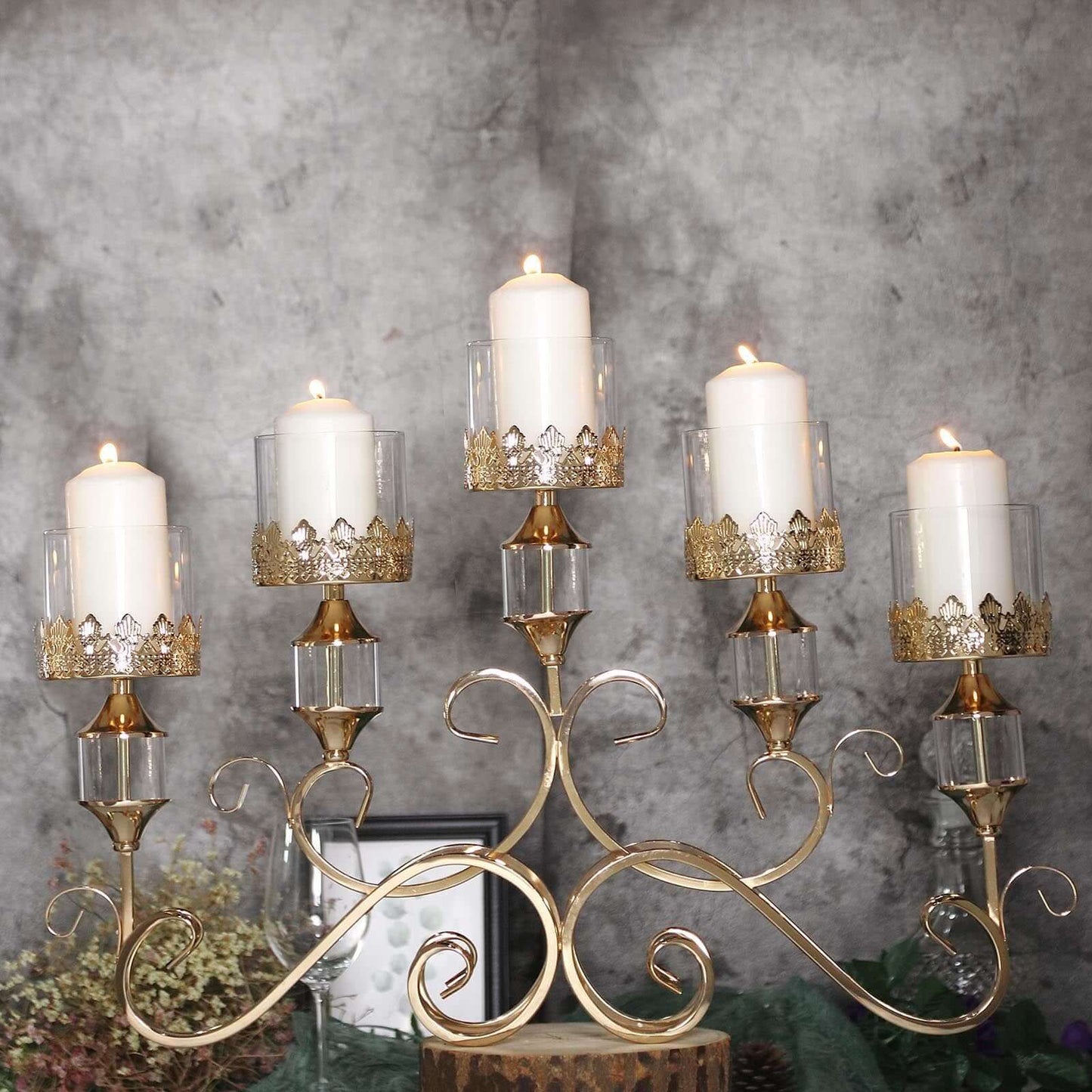 5-Arm Metal Table Candelabra Antique Gold Crown Top Design - Stylish Horizontal Table Centerpiece with Glass Votive Holders 18"