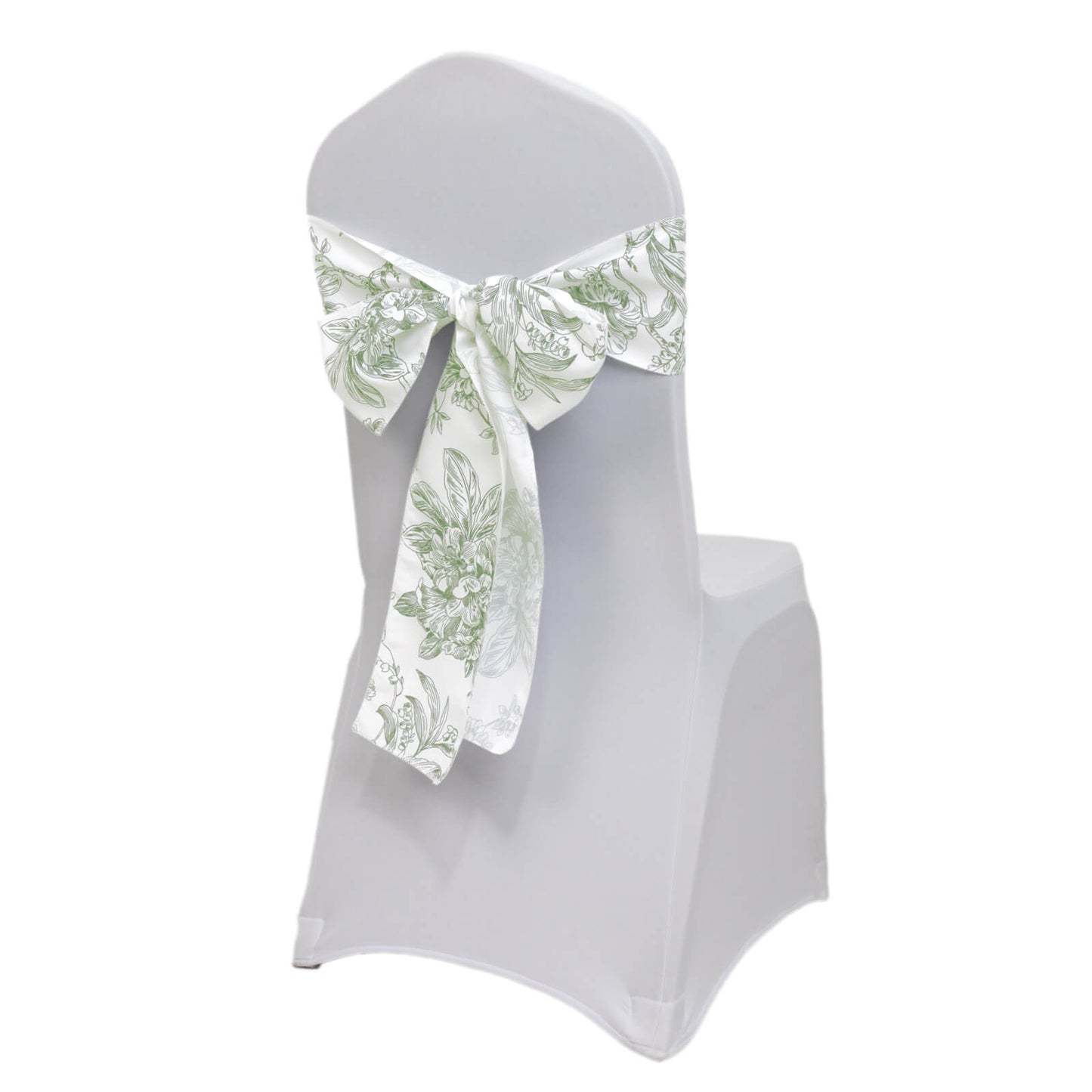 Polyester Chair Sashes White Dusty Sage Green French Toile Floral Design - Wrinkle-Resistant & Durable Chair Bows 6"x108"