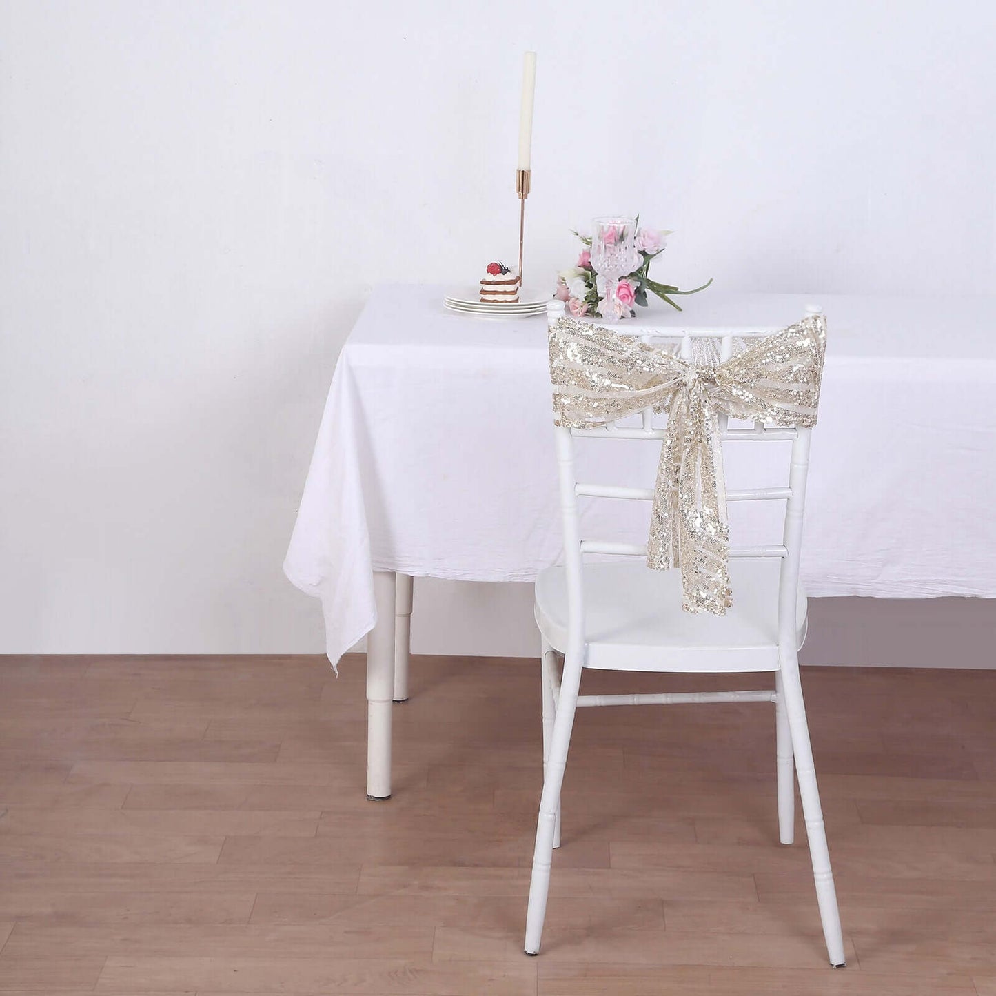 5 Pack Glitz Sequin Chair Sashes with Geometric Diamond Design 6"x88" Champagne