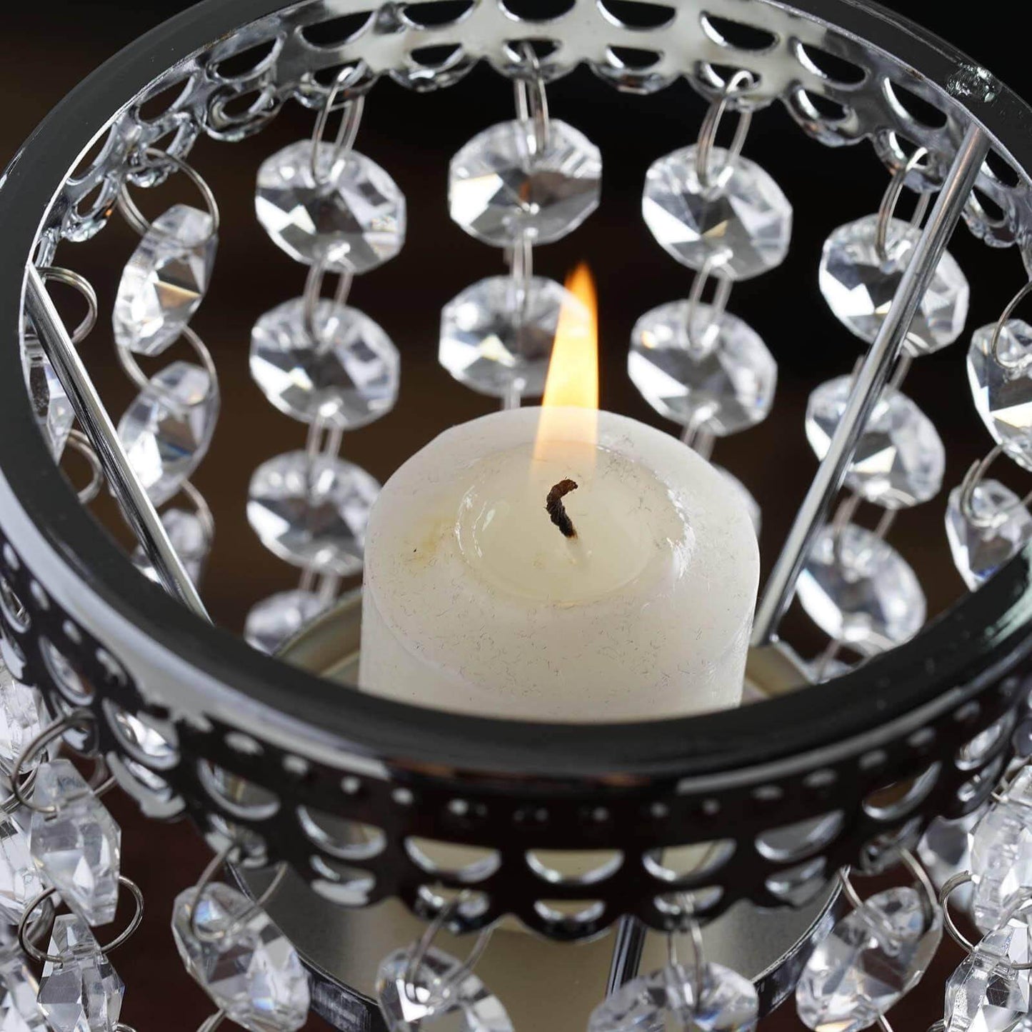 Crystal Beaded Chandelier Metal Candle Holder Silver - Stylish Tealight Stand for Decor 8"