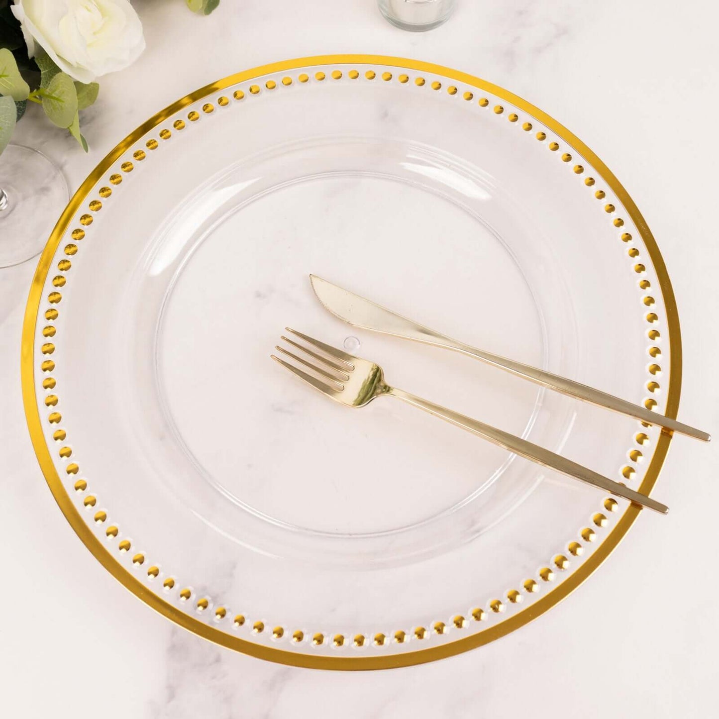 6-Pack Acrylic Round Charger Plates 13" in Clear with Gold Beaded Rim, Dinner Charger Event Tabletop Decor