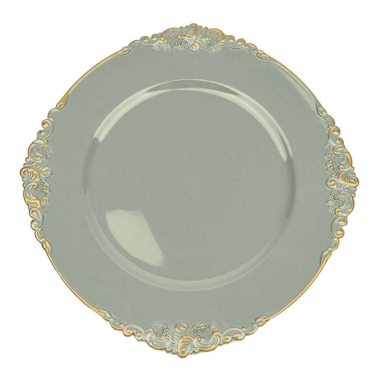 6-Pack Acrylic Round Charger Plates 13" in Dusty Sage Green with Gold Embossed Baroque Rim, Antique Decorative Dinner Party Charger Tableware