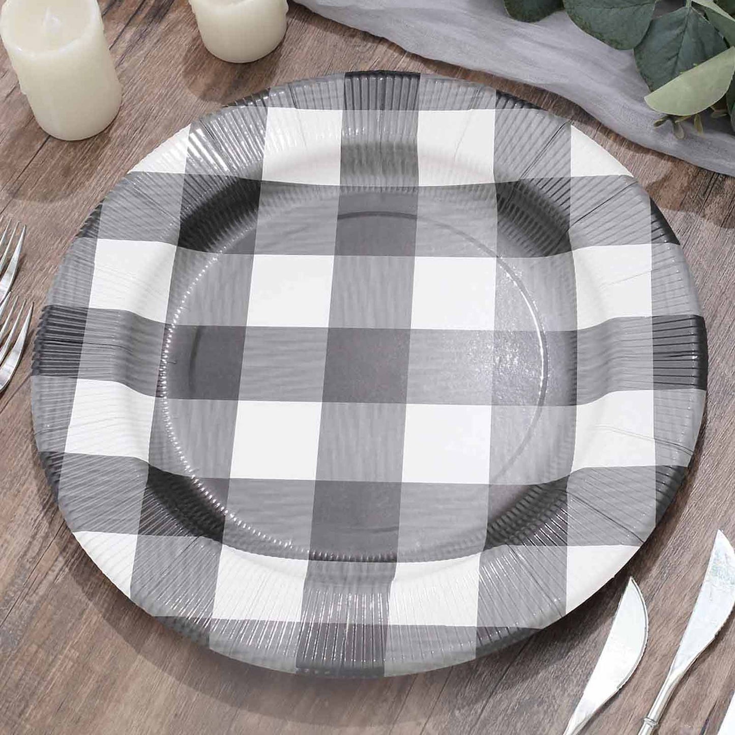 10-Pack Disposable Paper Charger Plates â€“ Black/White Buffalo Plaid 13" Round Table Chargers, 350 GSM Cardstock