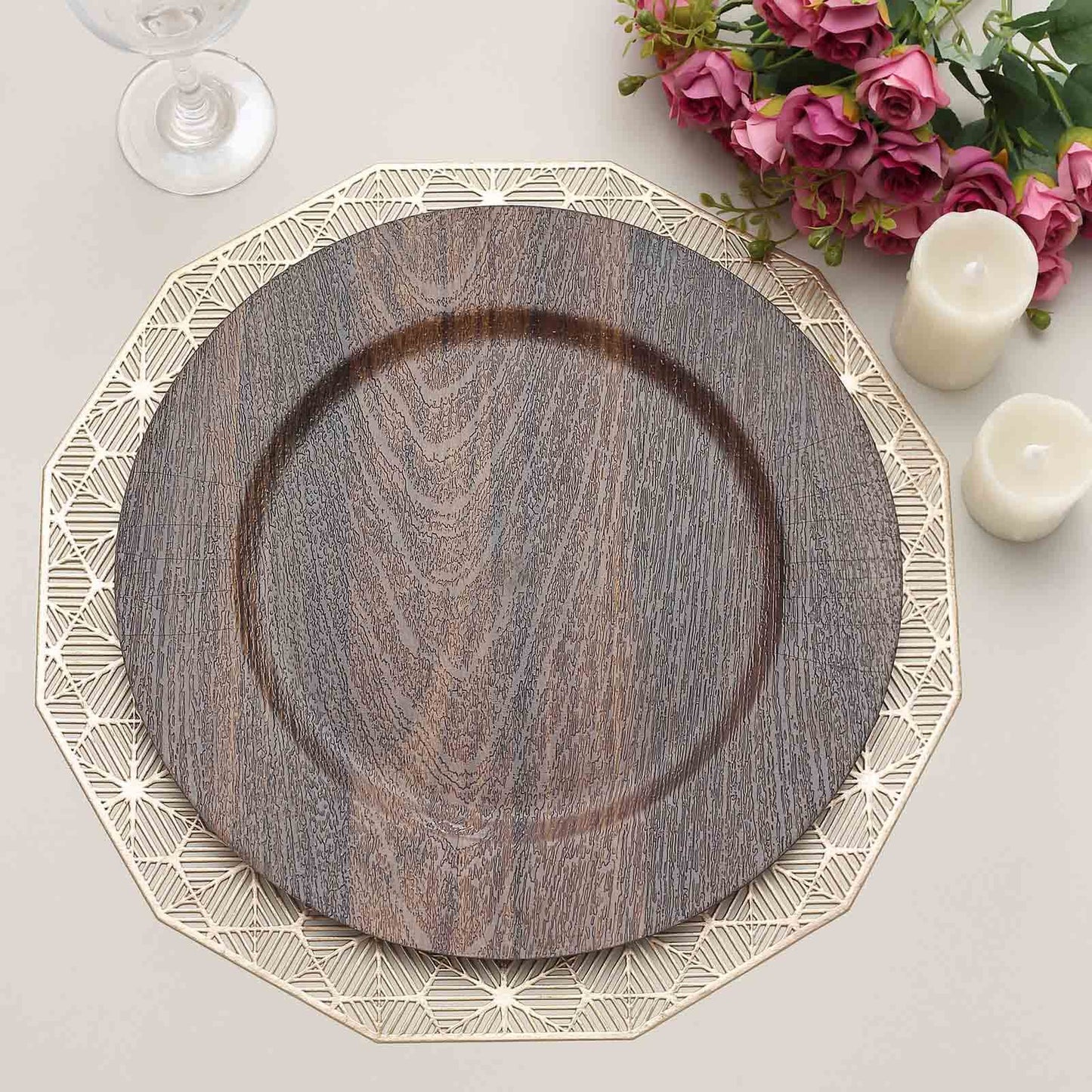 6-Pack Plastic Round Charger Plates 13" in Dark Brown with Faux Wood Finish, Rustic Boho Chic Dinner Party Charger Tableware