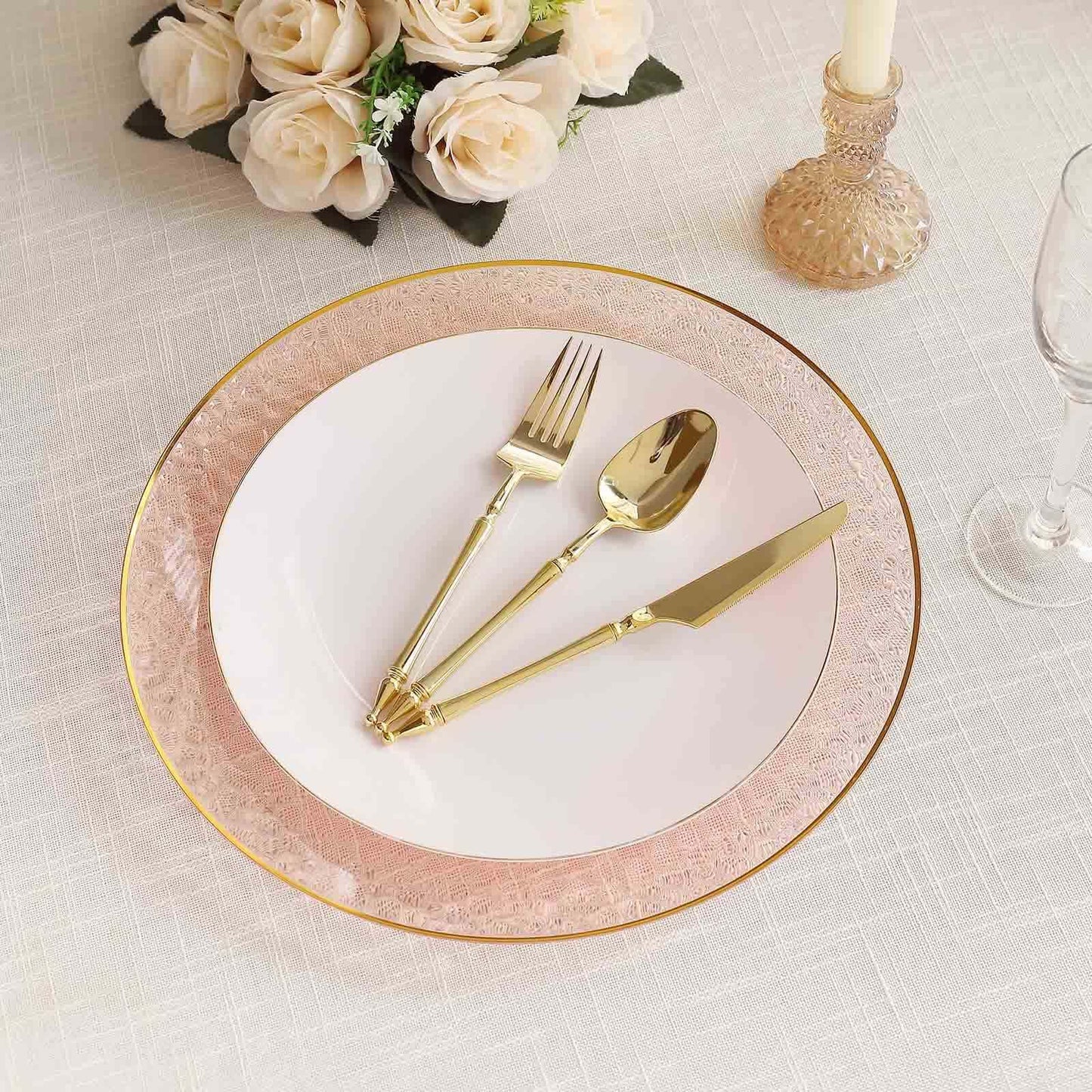 10 Pack Economy Plastic Round Charger Plates 13" in Transparent Blush Hammered Design with Gold Rim, Decorative Dinner Party Serving Plates