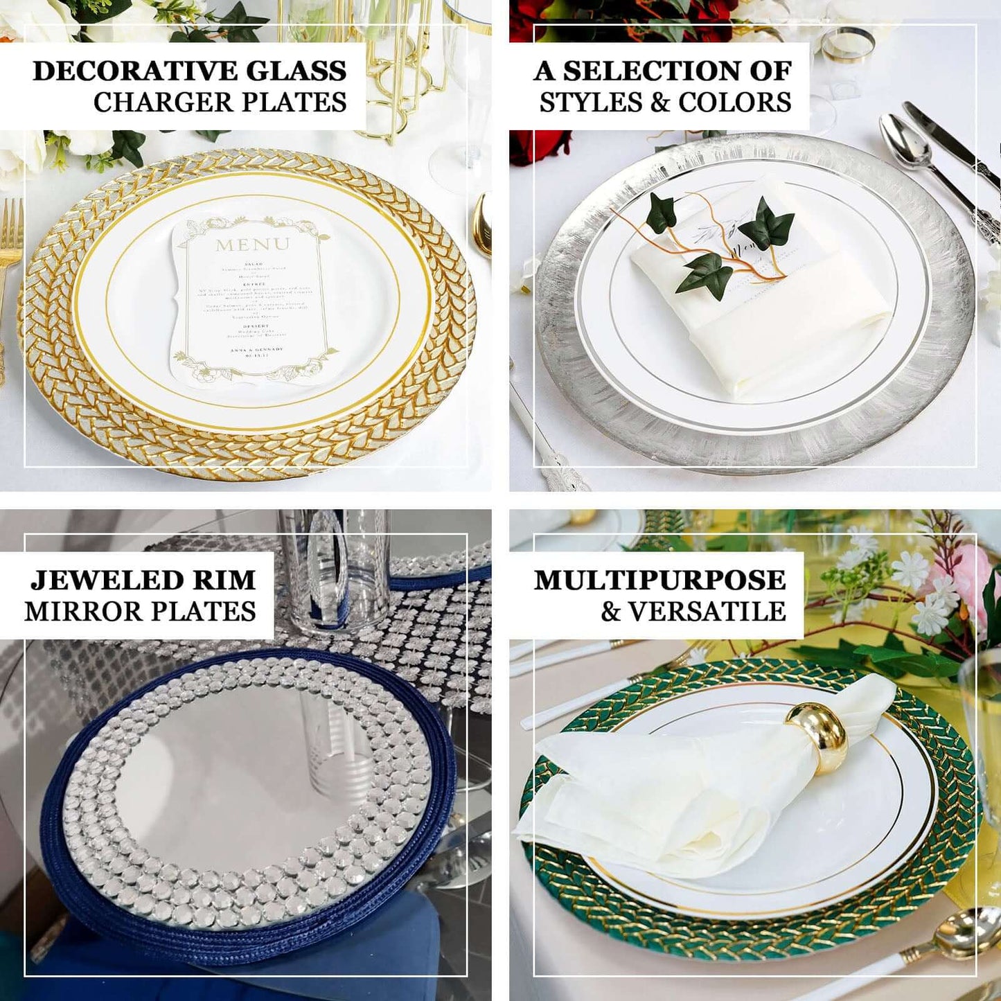 2-Pack Mirror Glass Round Charger Plates 13" with Metallic Gold Mirror Rhinestone Rim, Dazzling Decorative Chargers