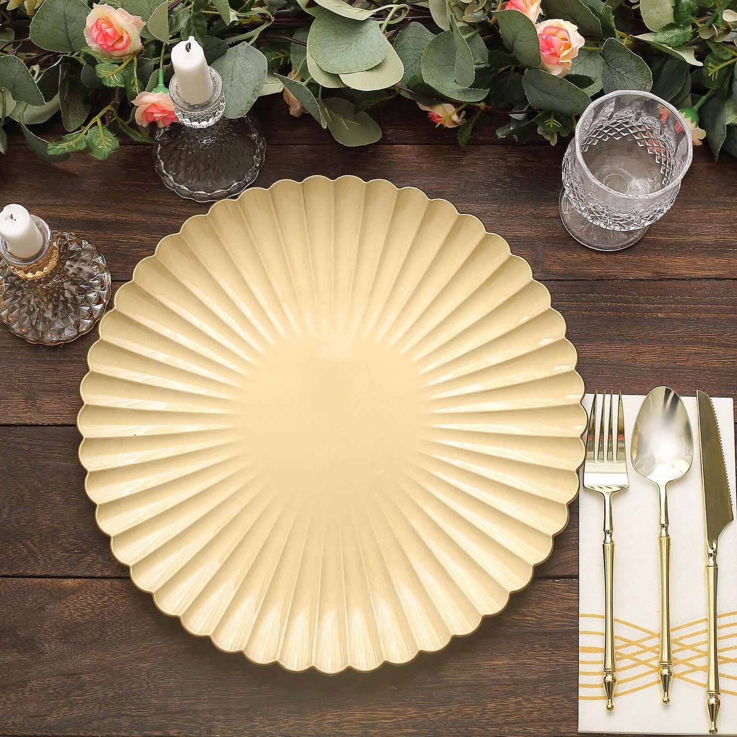 6-Pack Plastic Round Charger Plates 13" in Gold with Scalloped Shell Pattern, Coastal Inspired Disposable Charger Tableware