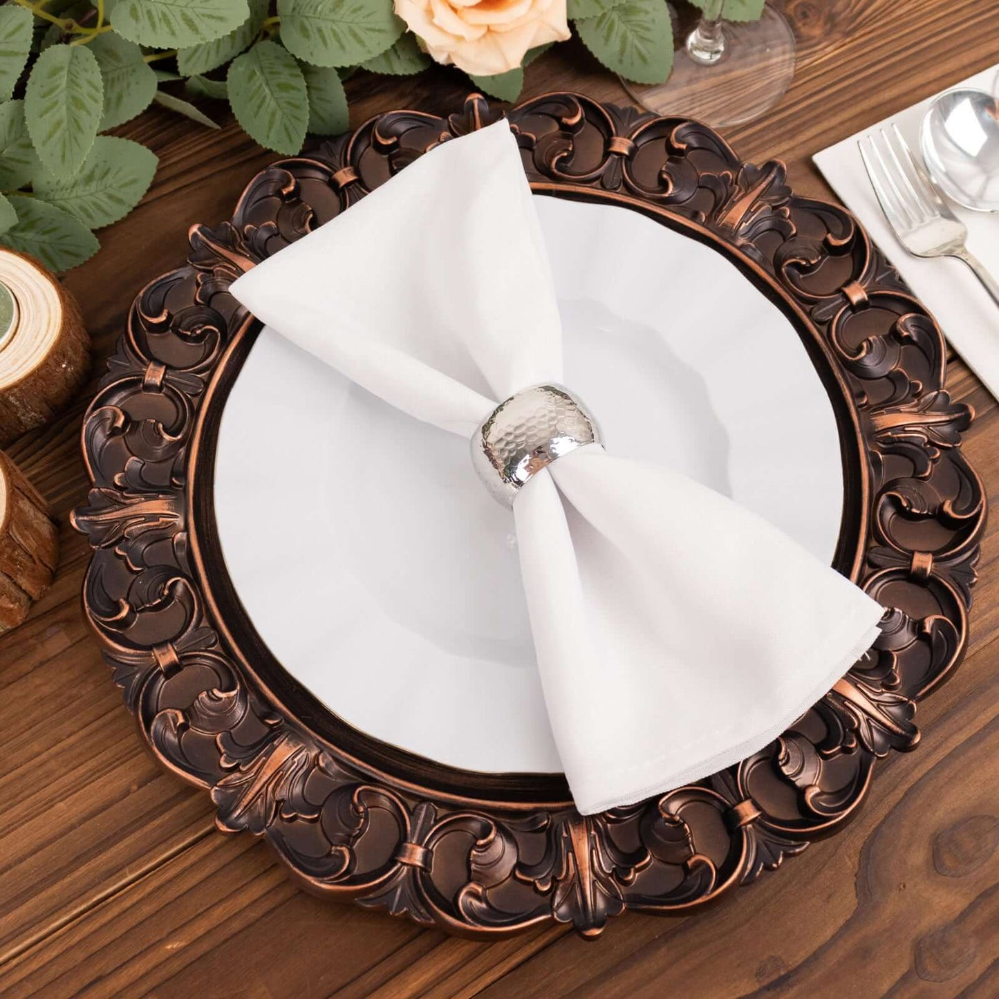 6-Pack Acrylic Round Charger Plates 13" in Dark Brown with Aristocrat Retro Baroque Rim, Ornate Plastic Decorative Chargers