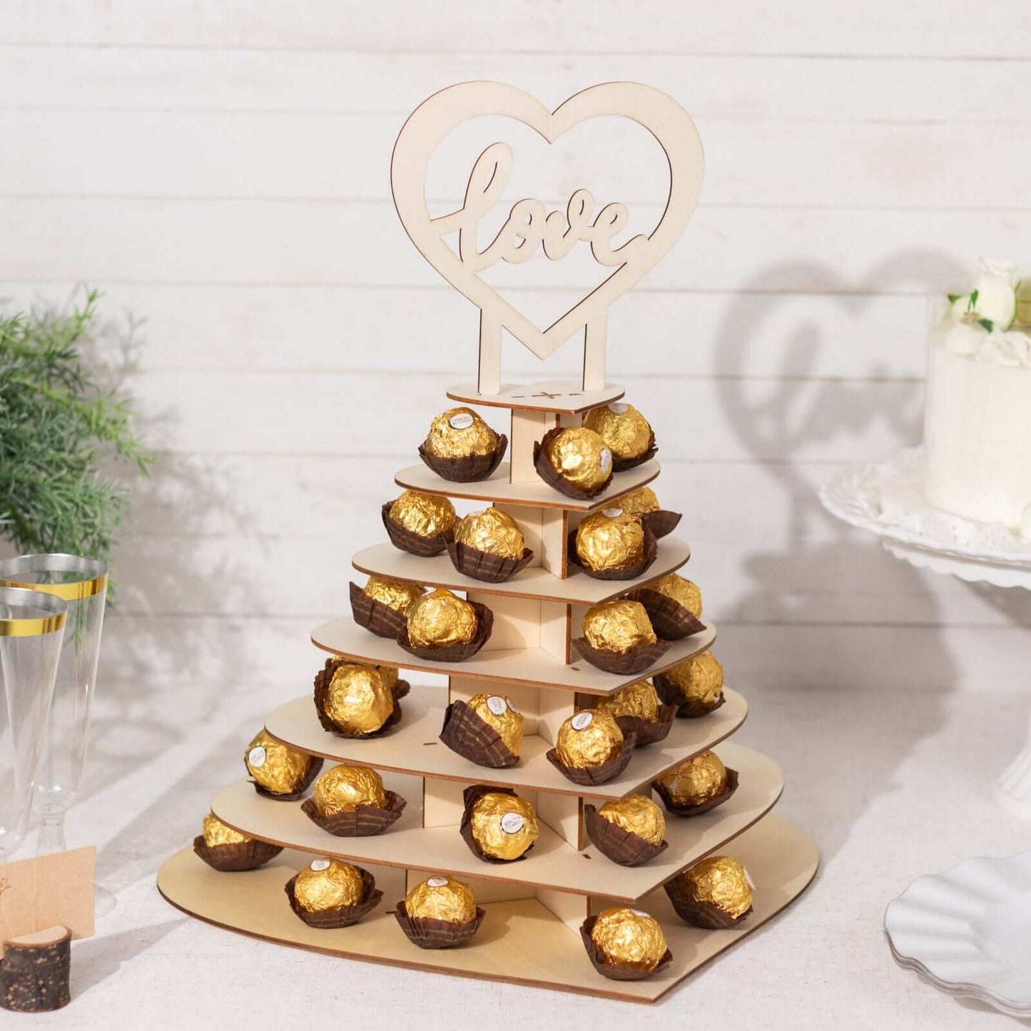 7-Tier Wooden Chocolate Display Stand Heart Shape Natural with "Love" Topper - DIY Dessert Table Tower Rack 16"
