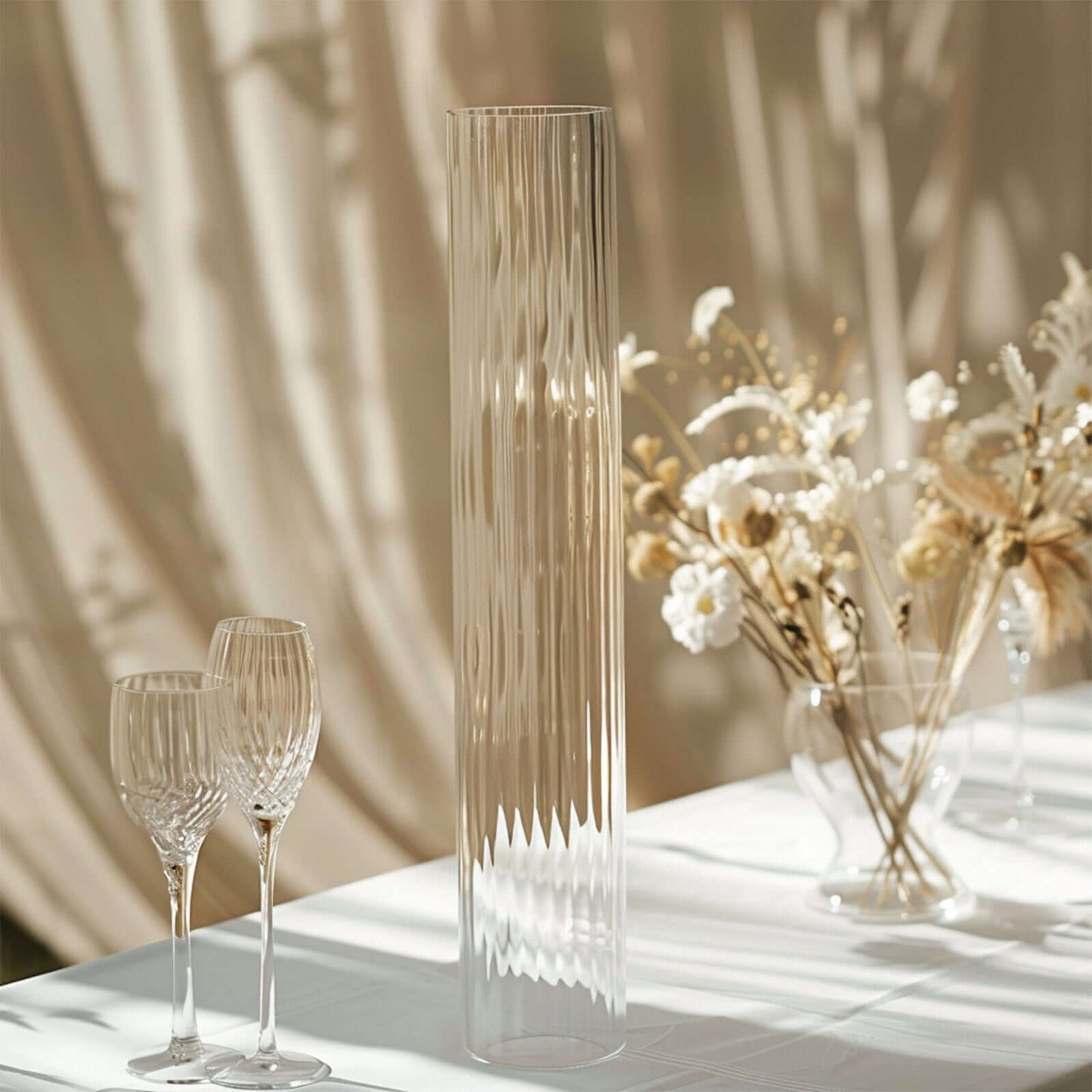 2-Pack Clear Ribbed Glass Hurricane Shades Open End Design - Stylish Candelabra Pillar Candle Holder Table Centerpiece 14"