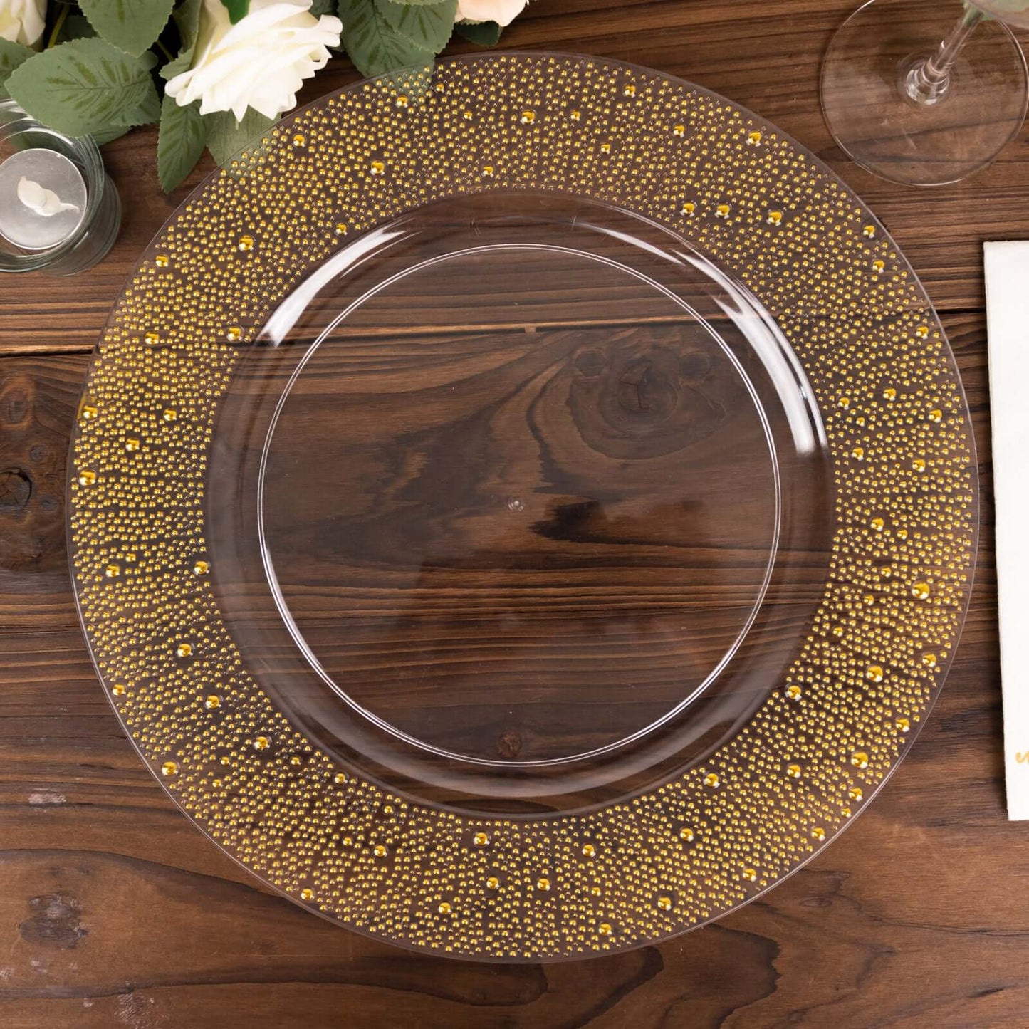 6-Pack Plastic Round Charger Plates 13" in Clear with Gold Pearl Beaded Rim, Upscale Dinner Serving Plates