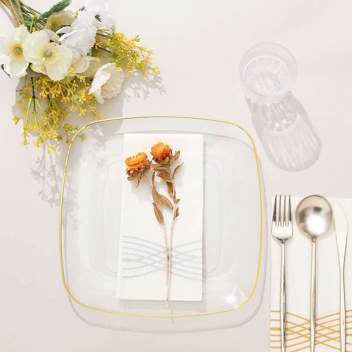10-Pack Plastic 10" Square Dinner Plates in Clear with Gold Rim - Classy Disposable Lunch Party Plates