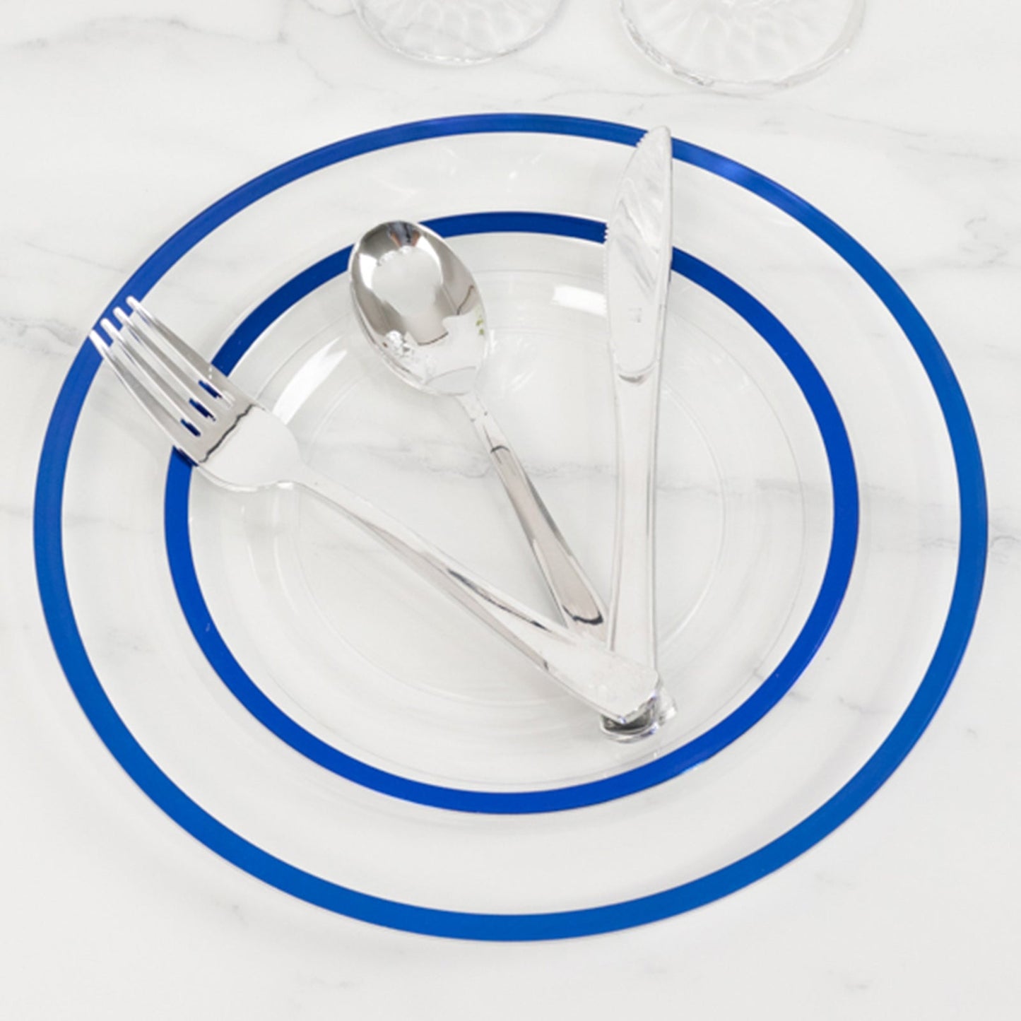 10-Pack Plastic 7" Round Appetizer Plates in Clear with Blue Rim - Sleek Disposable Salad Plates for Banquets & Special Occasions