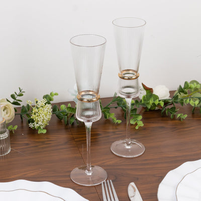 6-Pack Clear Champagne Flutes â€“ 6oz Real Glass, Ribbed Stemware with Gold Ring Accent, Elegant Toasting Glasses for Weddings, Parties & Celebrations â€“ 10" Tall