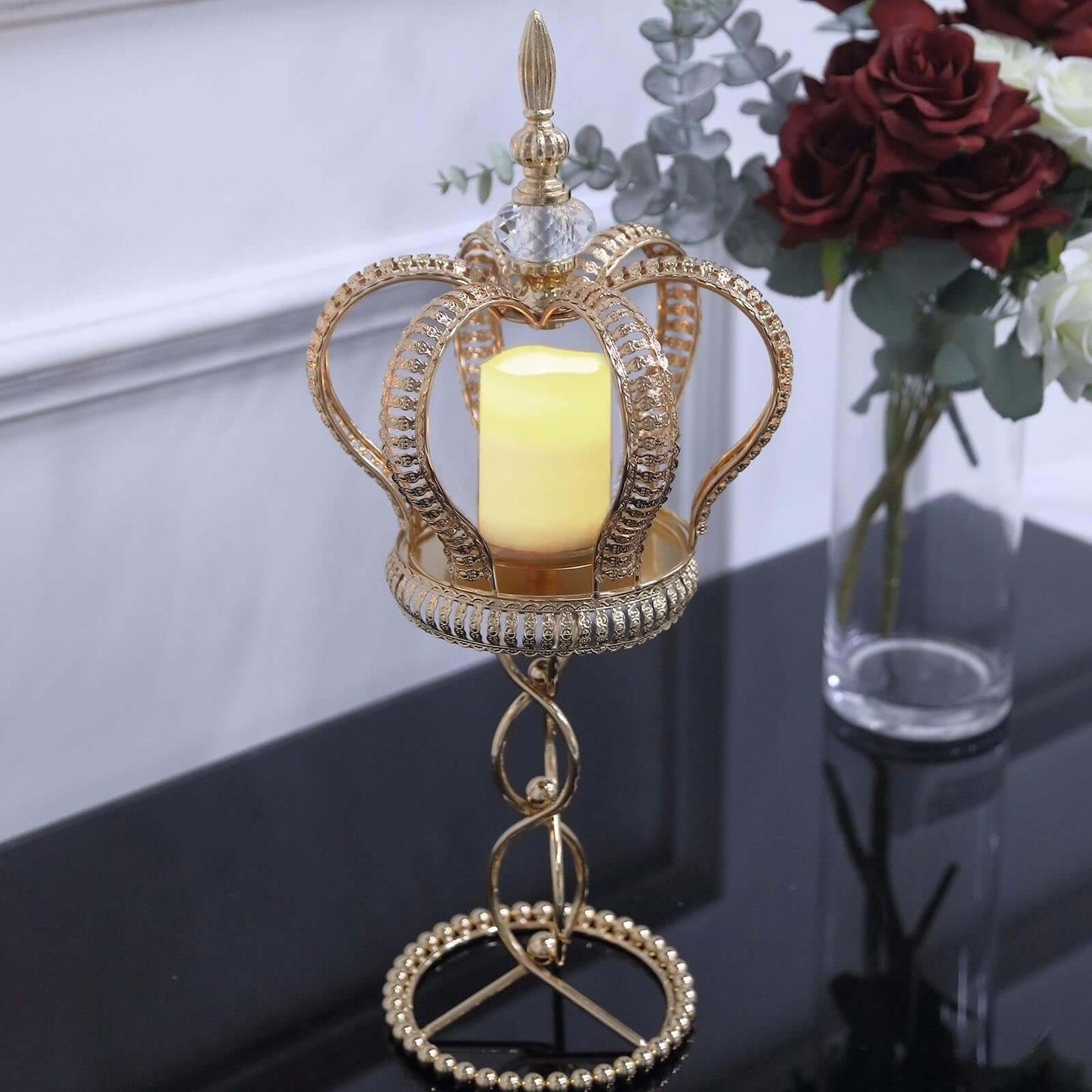 Metal Crown Spiral Pillar Candle Holder Stand Gold - Jeweled Votive Candle Centerpiece 18"