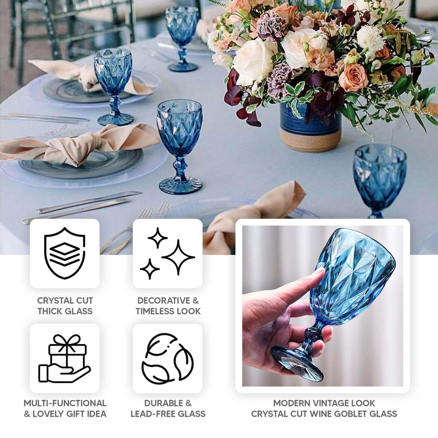 6-Pack Wine Glasses Amber Gold Embossed Crystal Cut Design Stemmed - Transparent Colored Goblets for Parties & Events 12oz 7"