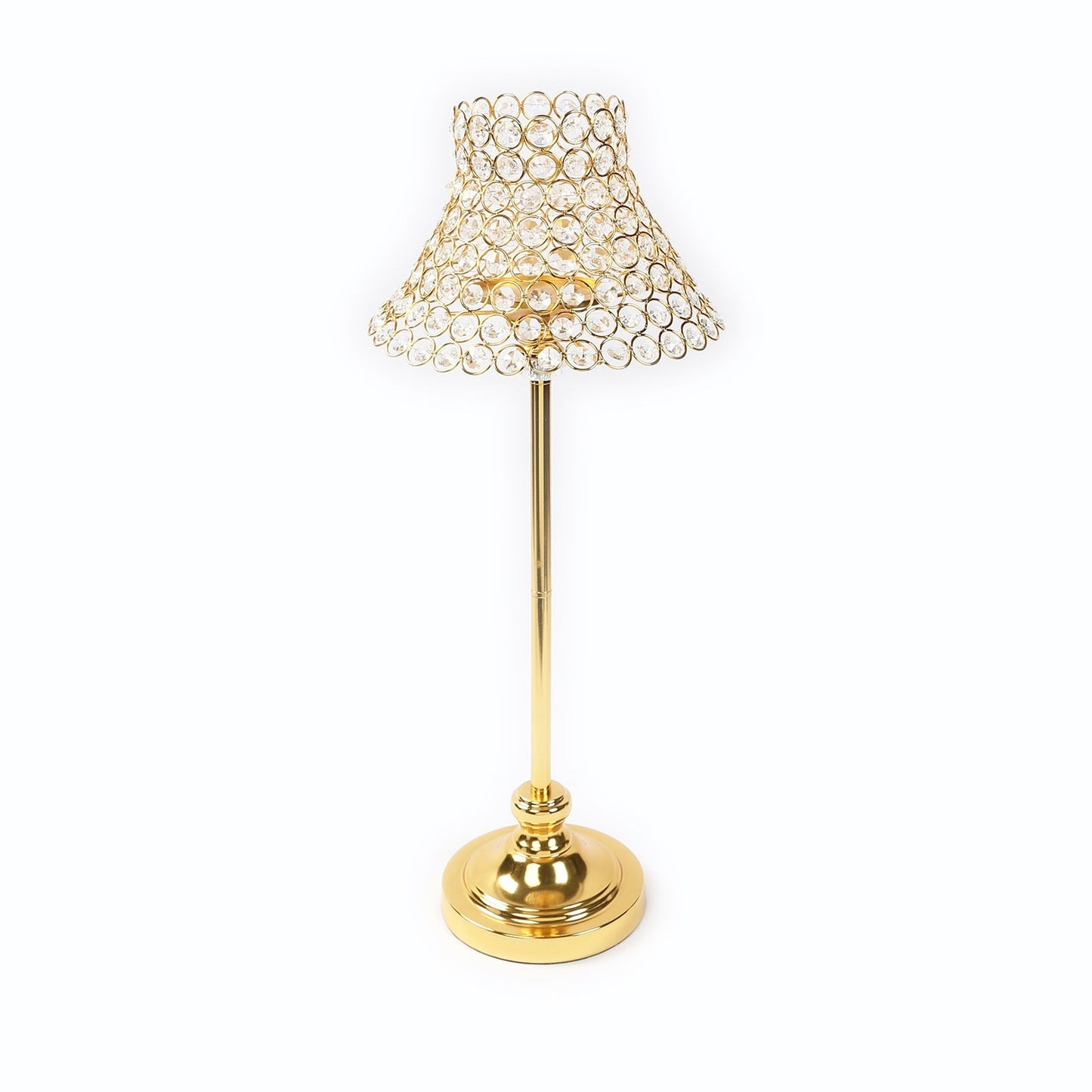 24" Tall Crystal Beaded Candle Stand â€“ Gold Metal Centerpiece with Lamp-Inspired Shade for Tables & Events
